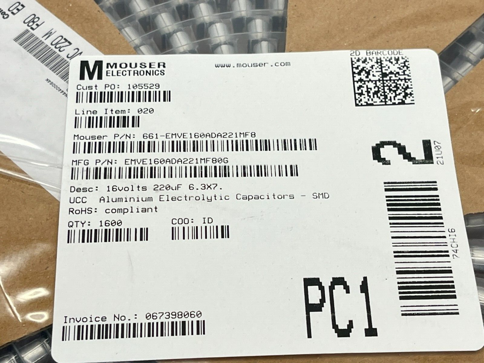 United Chemi-Con EMVE160ADA221MF80G Capacitors SMD 16V 220uF 6.3X7.7 1600QTY - New - Maverick Industrial Sales