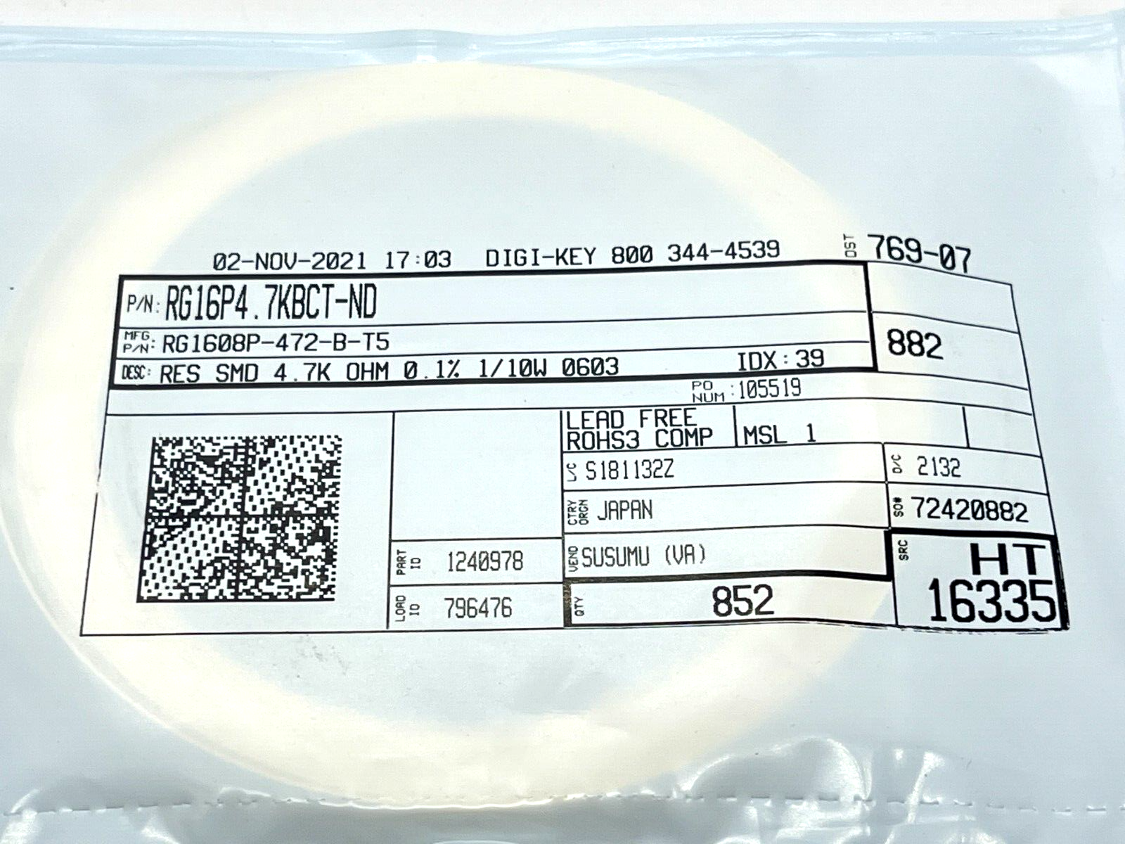 Susumu RG1608P-472-B-T5 Thin Film Resistors SMD 1/10W 4.7K 0.1% 0603 1100QTY - Maverick Industrial Sales
