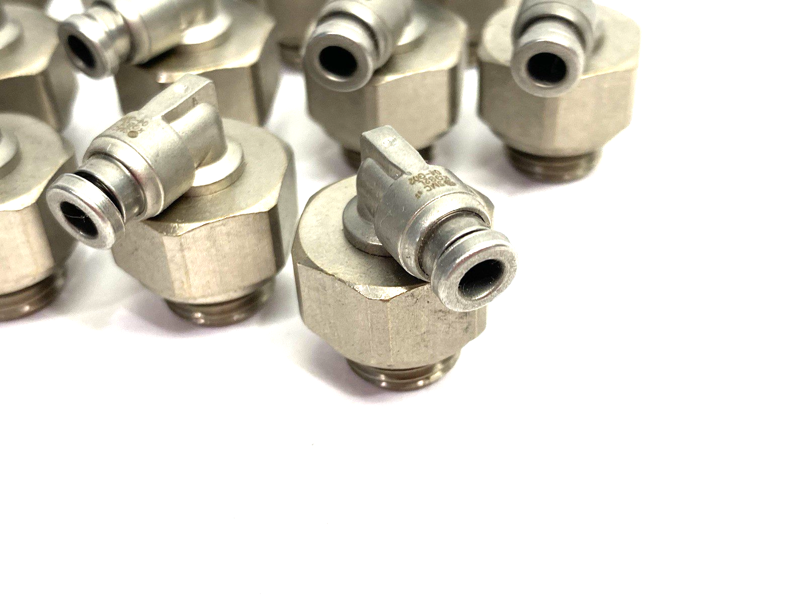 KQB2L04-G02 | SMC Metal Swivel Elbow Fitting Male, 4mm OD Tube, LOT OF 12 - New – Open box - Maverick Industrial Sales