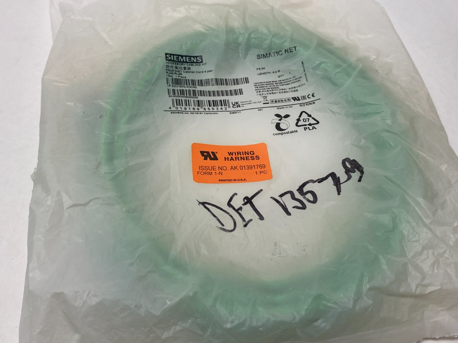 Siemens 6XV1870-3QH40 PROFINET Ethernet TP Cordset RJ45/RJ45 CAT6A 4m - Maverick Industrial Sales