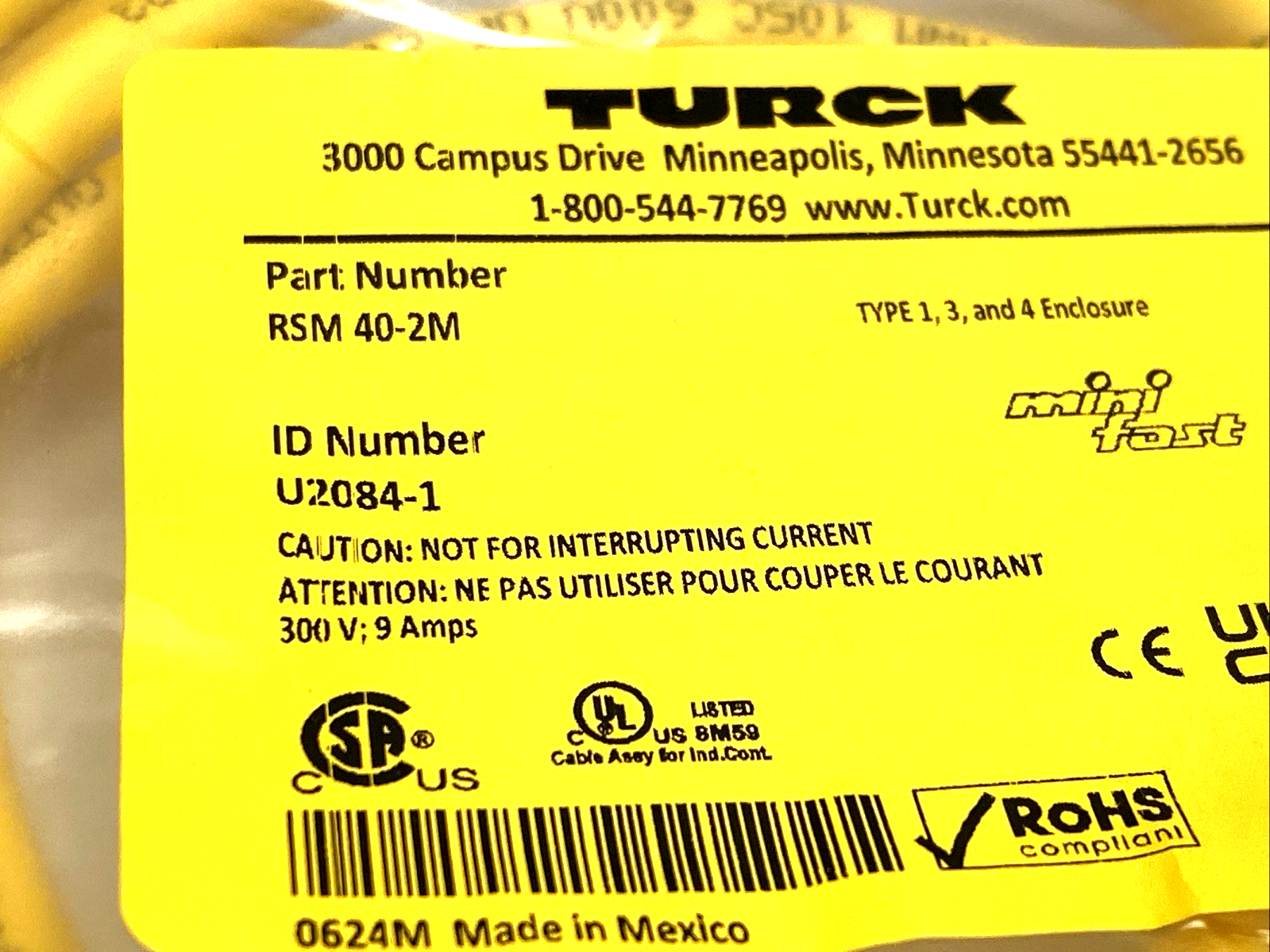 Turck RSM 40-2M Cordset 7/8" Male 4-Pin 2m U2084-1 - Maverick Industrial Sales