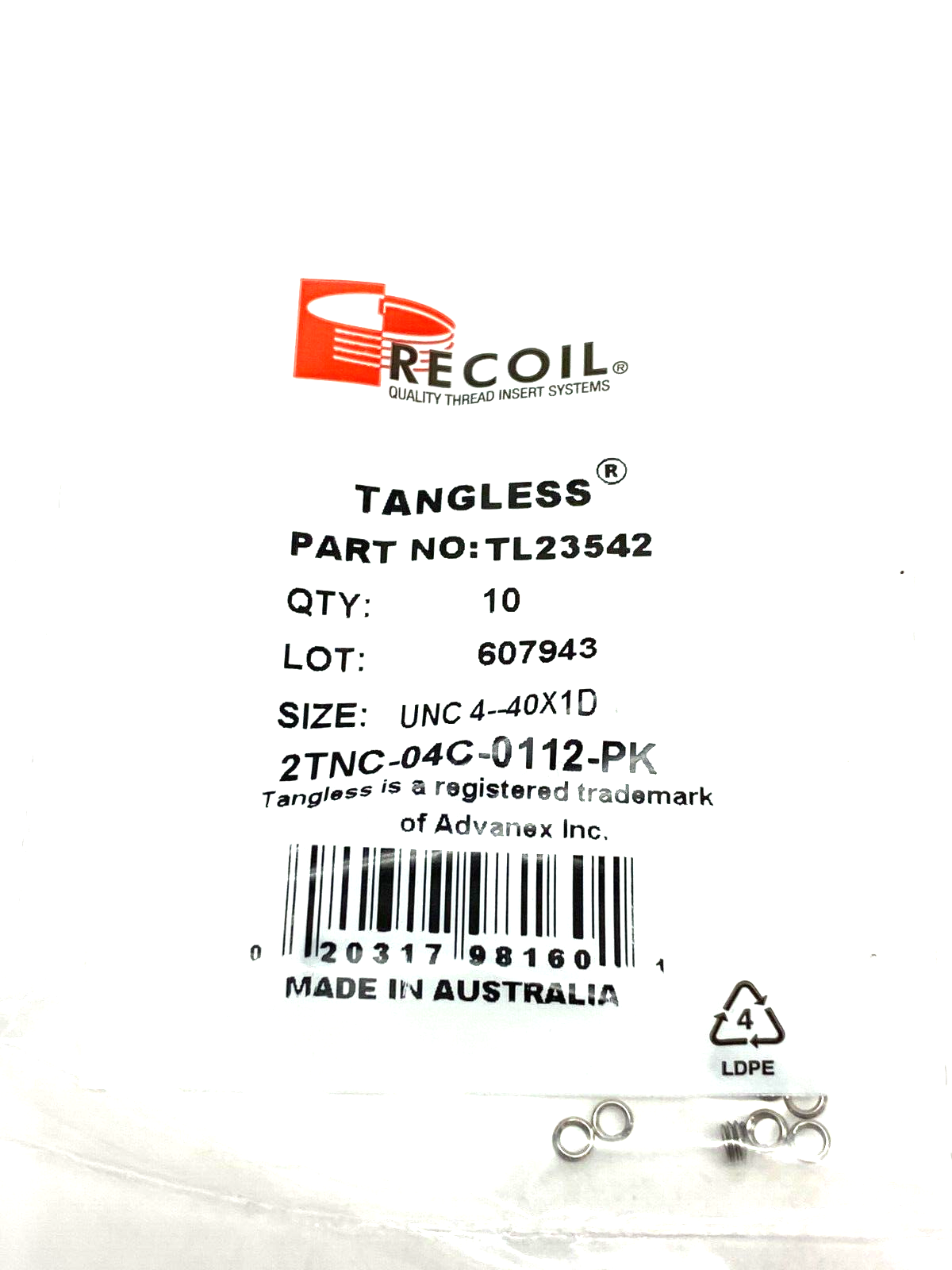 Recoil TL23542 Tangless Free Running Insert Size: UNC 4-40X1D 2TNC-04C-0112-PK - Maverick Industrial Sales