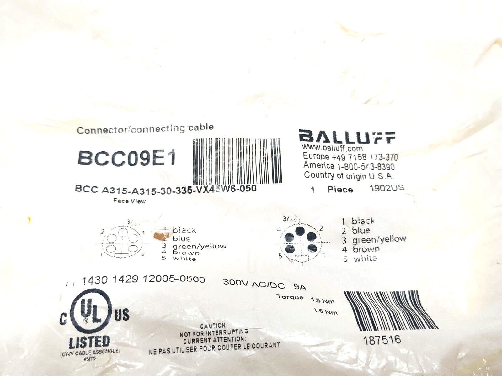 BCC A315-A315-30-335-VX45W6-050, BCC09E1 | Balluff BCC09E1 Cordset 7/8" M-F 5-Pin 5m BCC A315-A315-30-335-VX45W6-050 - New - Maverick Industrial Sales