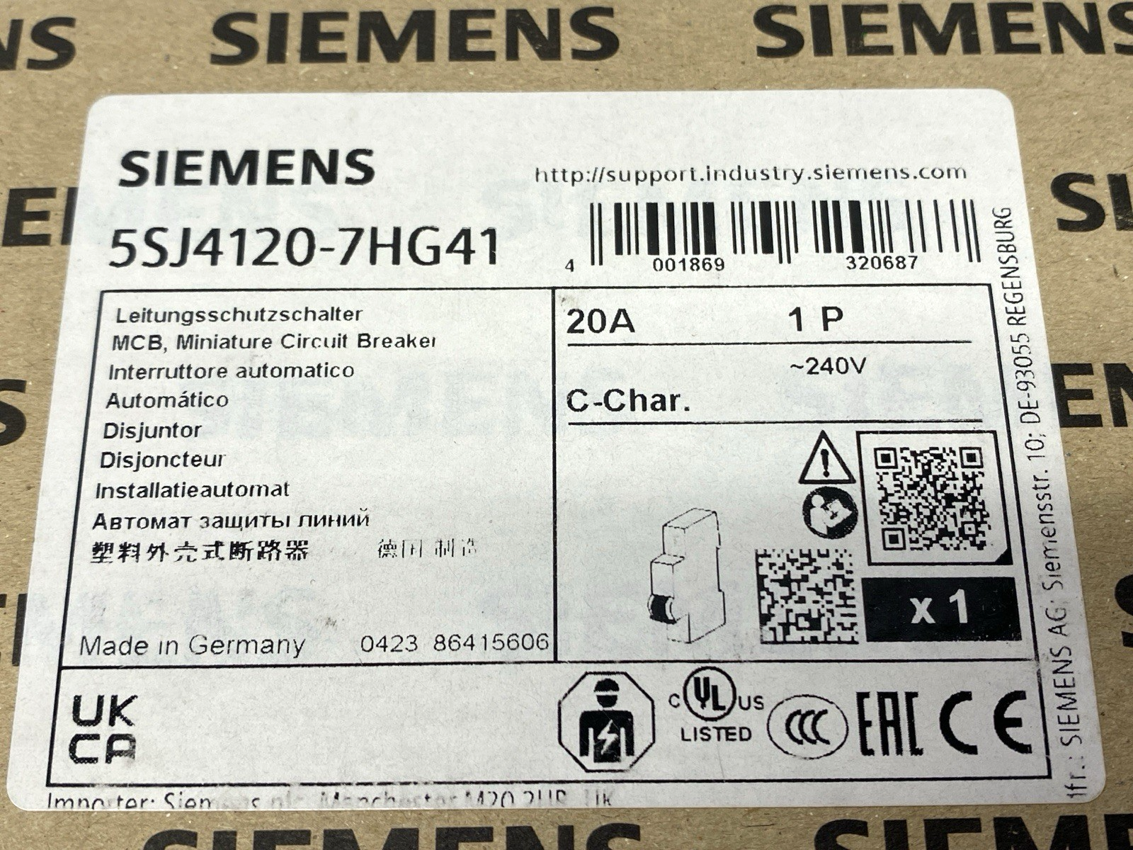 Siemens 5SJ4120-7HG41 Miniature Circuit Breaker 1-Pole C-Trip 240V 14kA 20A - Maverick Industrial Sales
