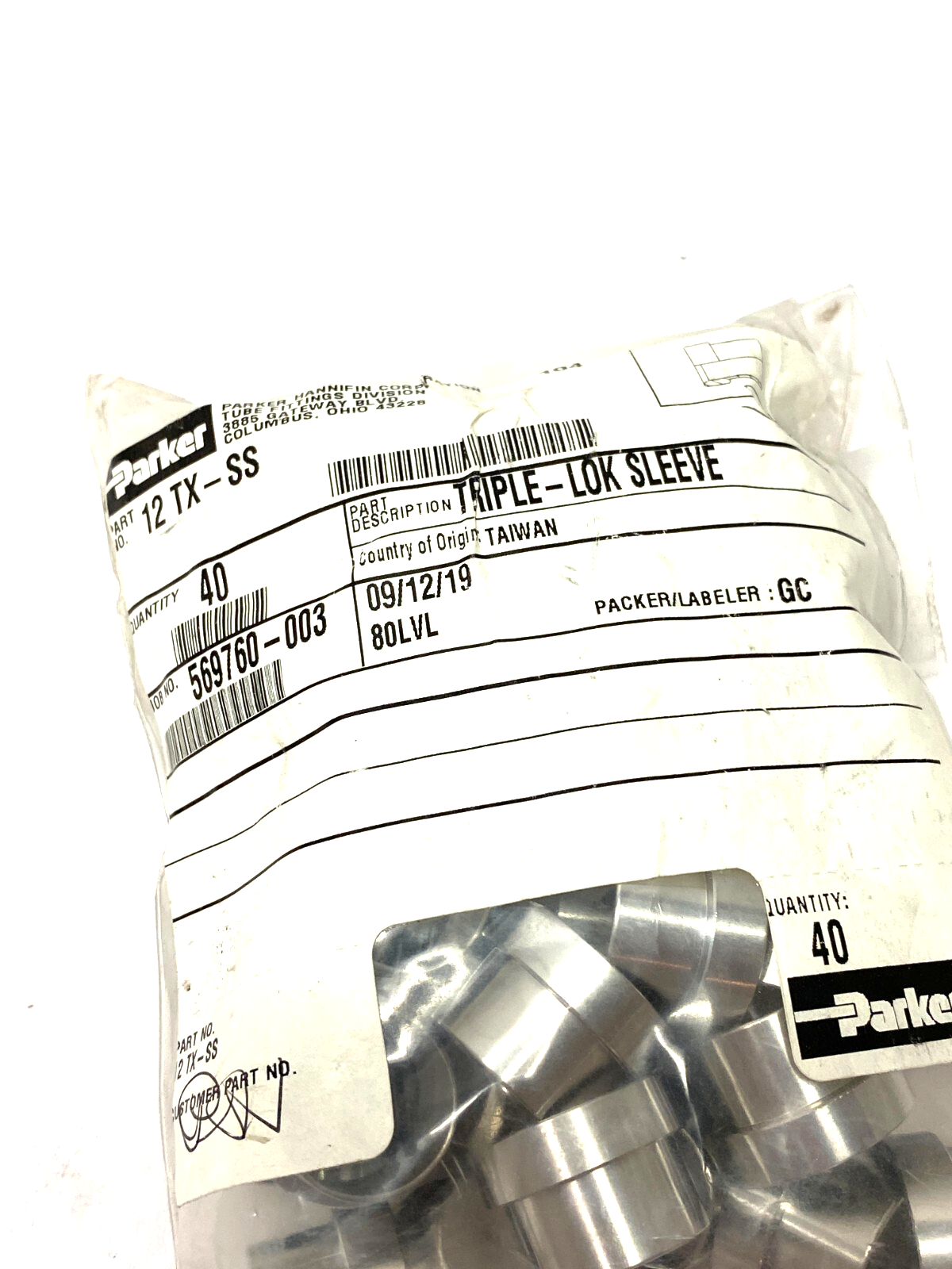 Parker 12 TX-SS Triple-Lok 37° Locknut Sleeve PKG OF 40 - Maverick Industrial Sales