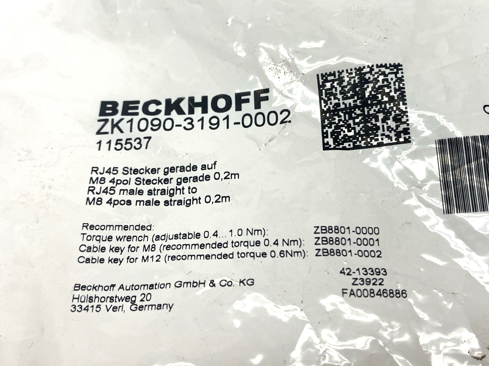 Beckhoff ZK1090-3191-0002 Ethernet Cable M8 Male to RJ45 Male 0.2m - Maverick Industrial Sales