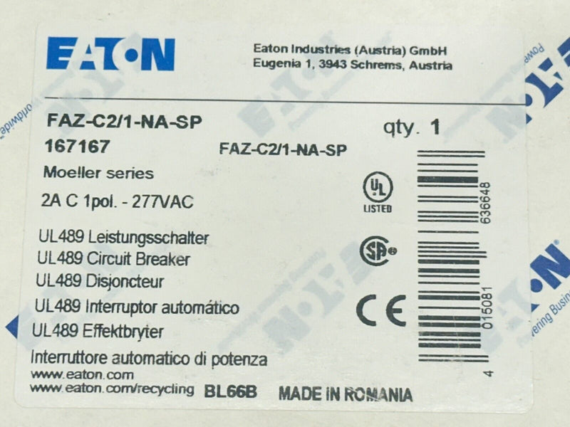 Eaton FAZ-C2/1-NA-SP Circuit Breaker 1-Pole 2A 277VAC 167167 - Maverick Industrial Sales