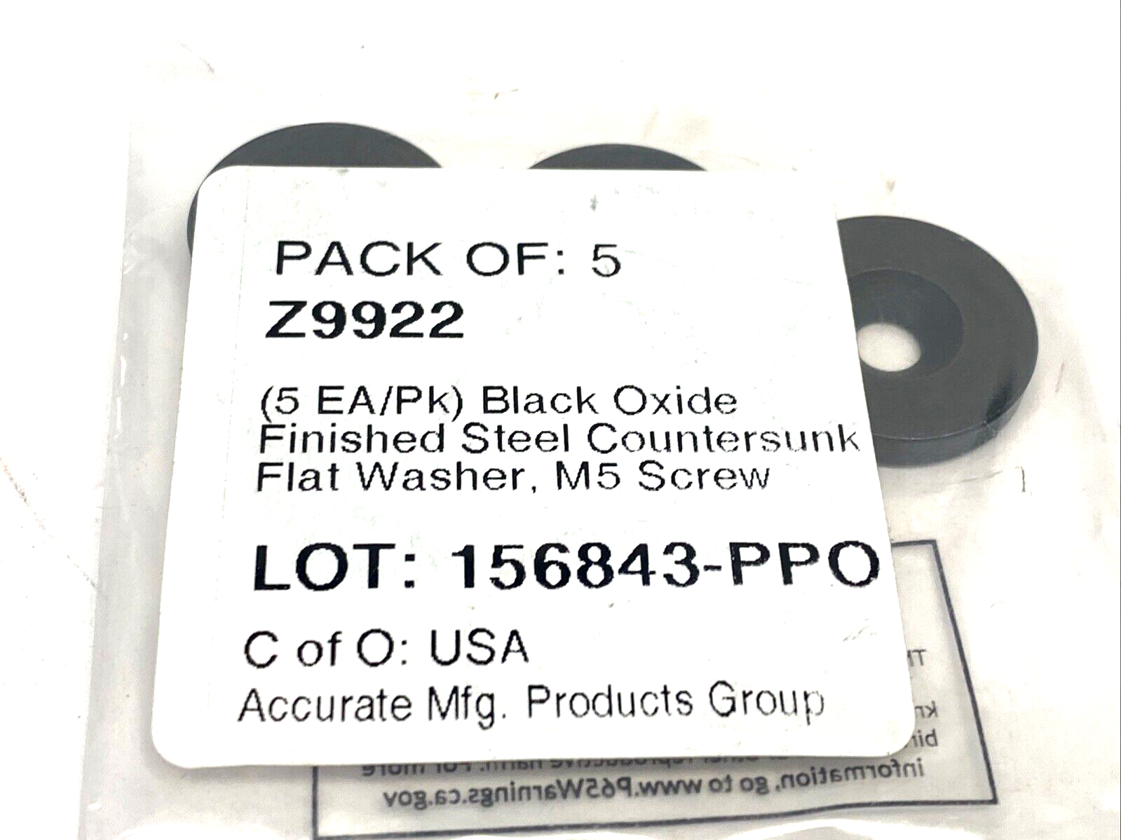 Z9922 Countersunk Washer, M5 Screw, Steel, Black Oxide, 5.3 mm Max ID, LOT OF 10 - Maverick Industrial Sales