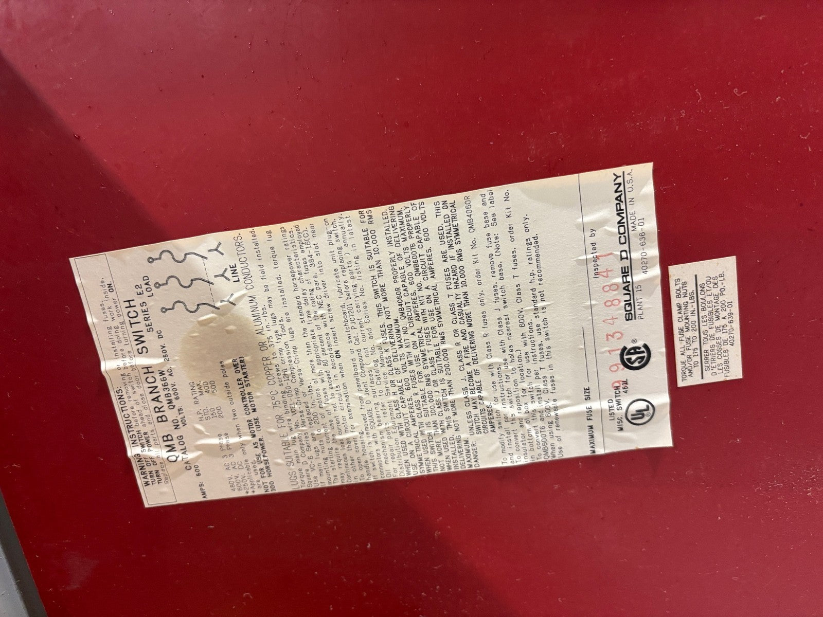 QMB366W | Square D Ser. E2 600A 3 Pole 600V Fusible Panelboard Switch Broken Hinge - Used - Maverick Industrial Sales