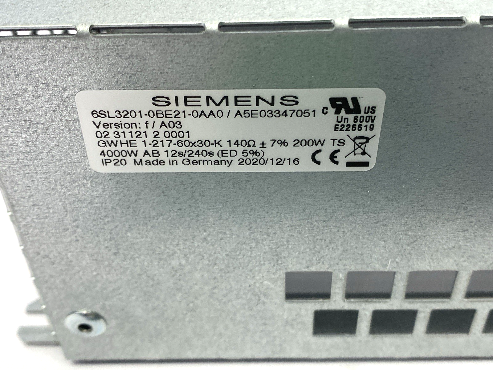 Siemens 6SL3201-0BE21-0AA0 SINAMICS Braking Resistor 140 Ohm - Maverick Industrial Sales