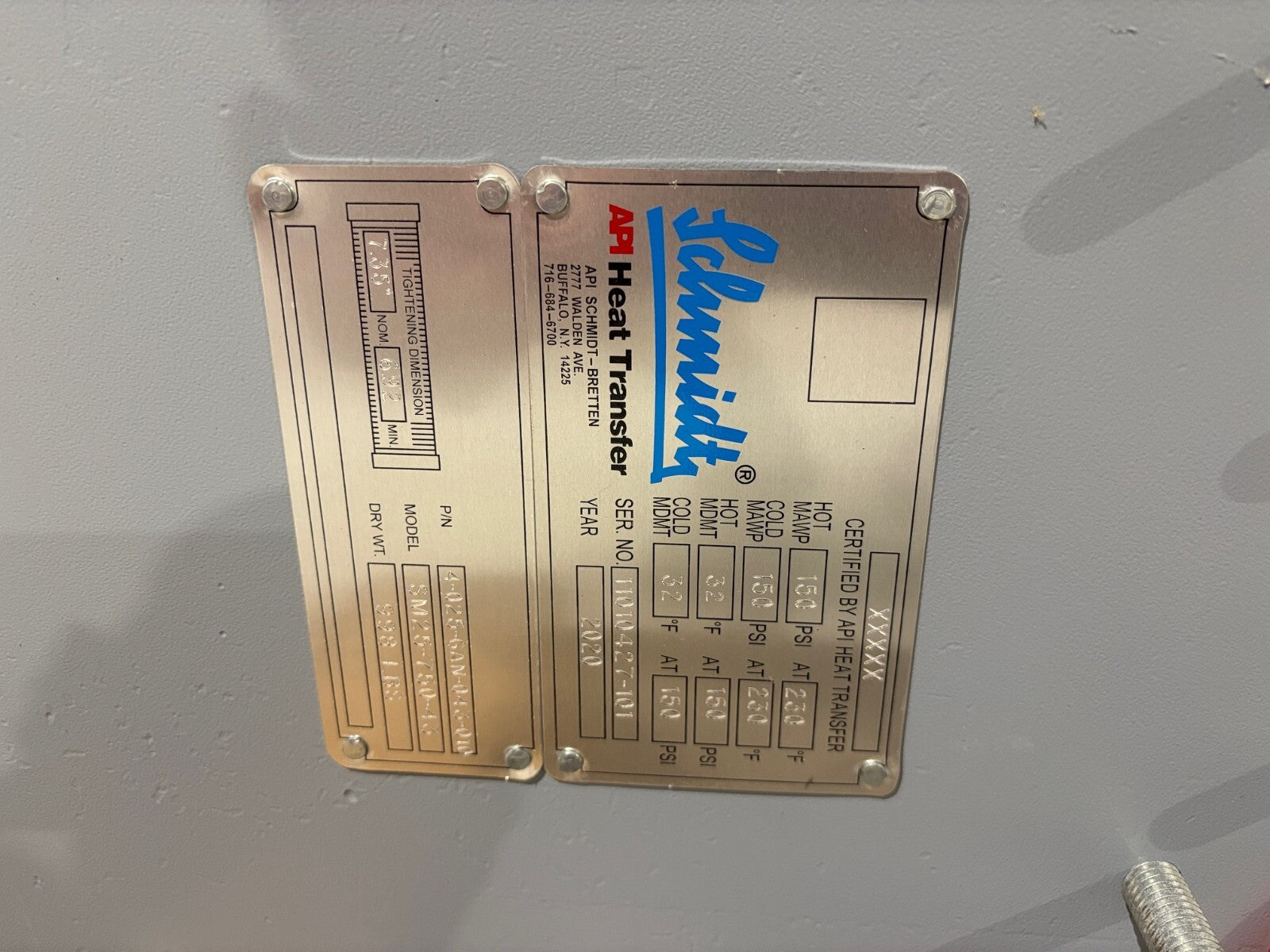 Schmidt API Heat Transfer Exchanger, SM25-750-43, 4-025-6AN-043-010, 2020 - Maverick Industrial Sales