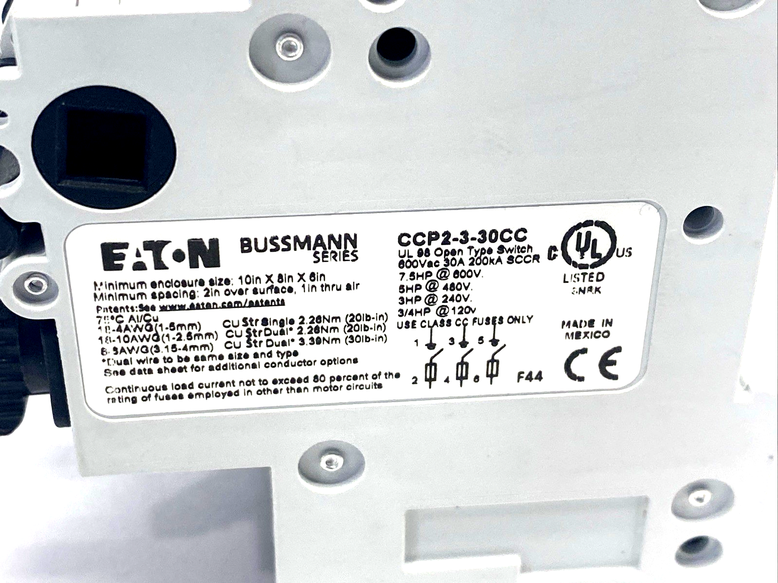 CCP2-3-30CC | Eaton Bussmann Series CCP UL98 Fusible Disconnect 600VAC 125VDC 30A - New – Open box - Maverick Industrial Sales