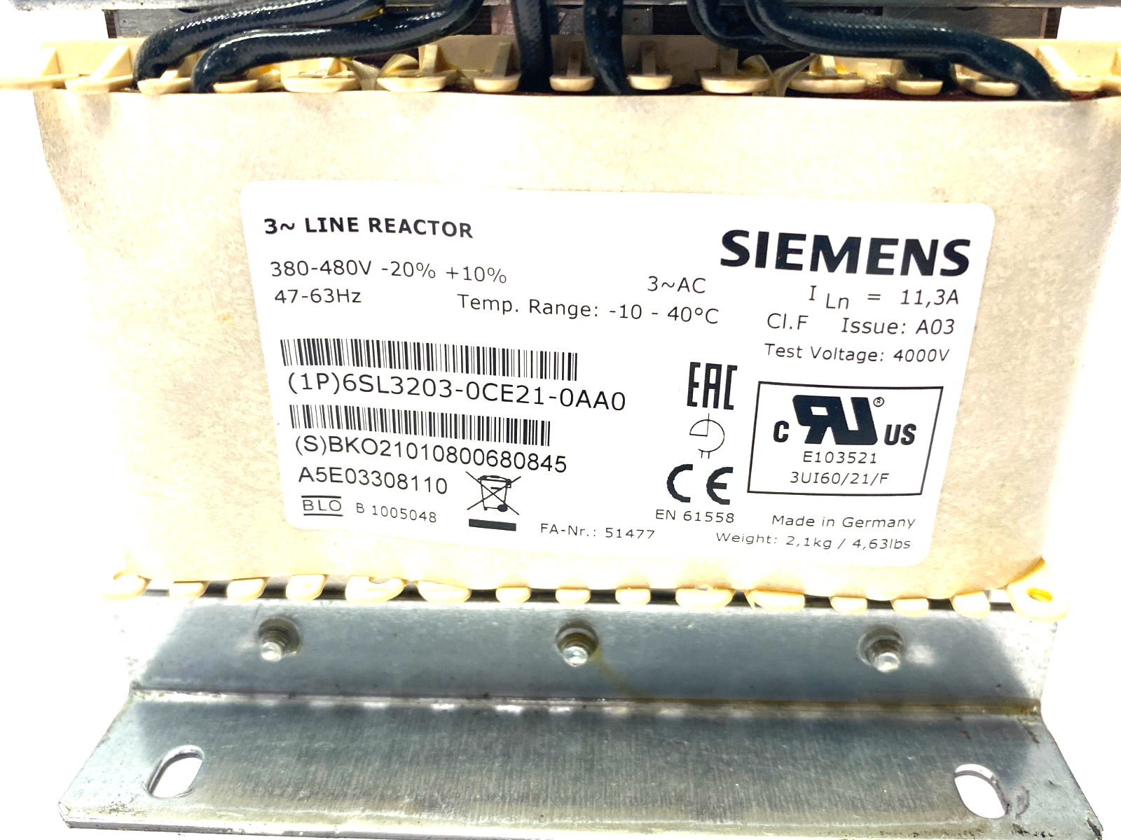 Siemens 6SL3203-0CE21-0AA0 SINAMICS Line Reactor 3~ 380-480V - Maverick Industrial Sales
