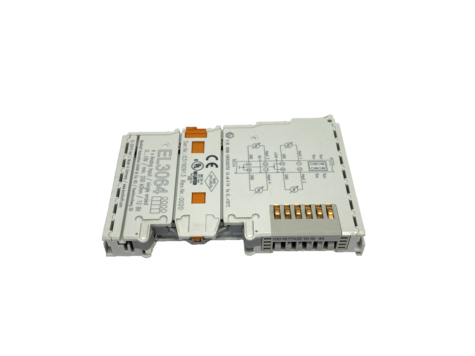 Beckhoff EL3064 EtherCAT Terminal, 4-Channel Analog Input, 12 Bit, Single Ended - Maverick Industrial Sales