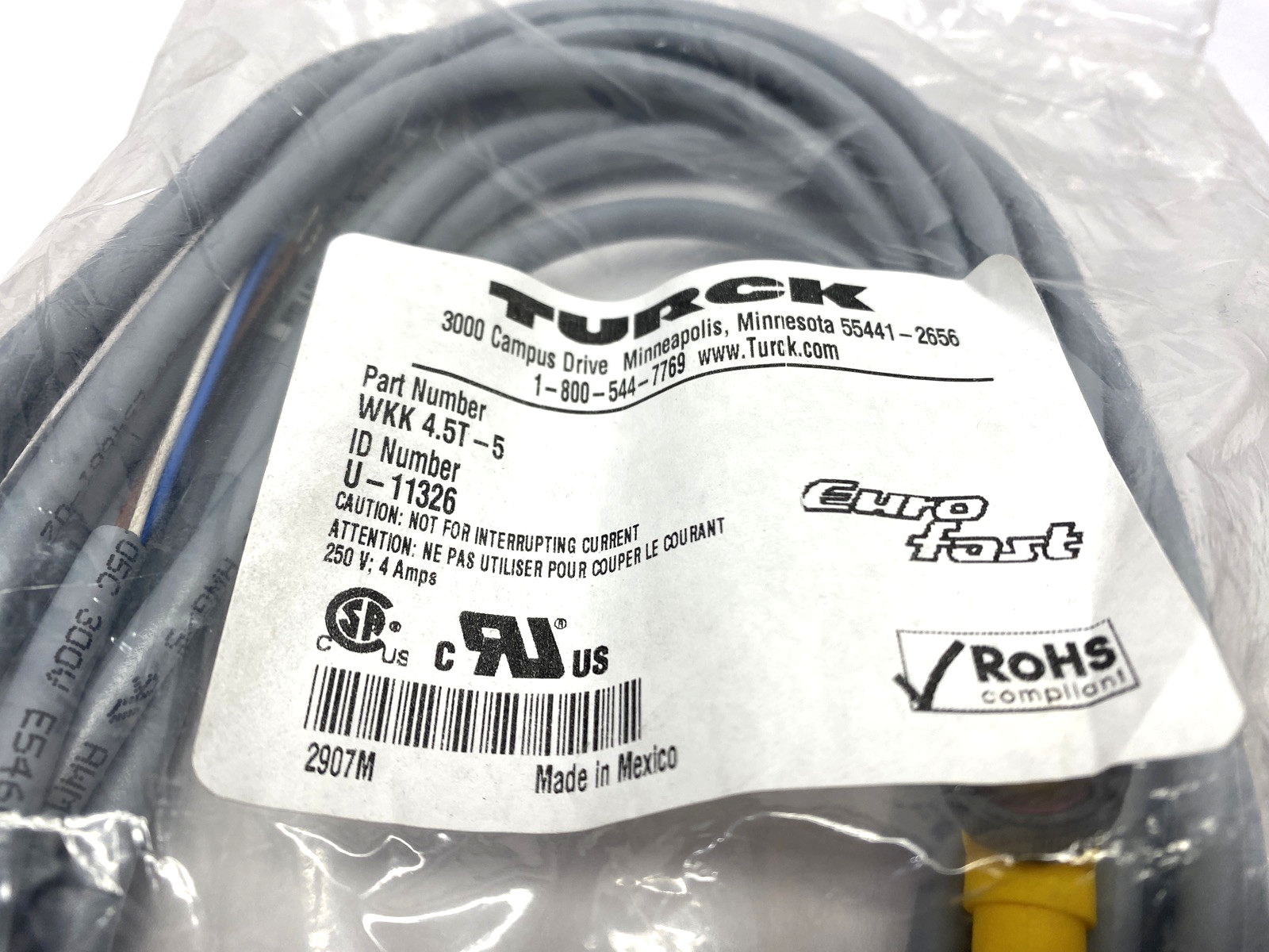 Turck WKK 4.5T-5 EuroFast Single-Ended M12 Female Cordset U-11326 - Maverick Industrial Sales