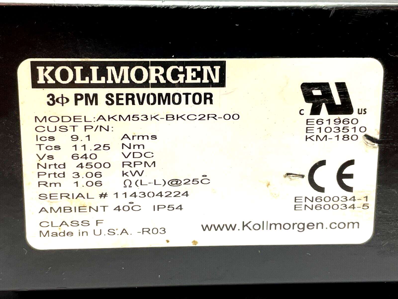 Kollmorgen AKM53K-BKC2R-00 Servo Motor 4500RPM 640VDC 3.06kW - Maverick Industrial Sales