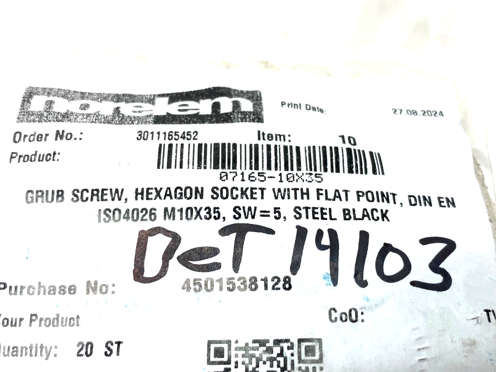 07165-10X35 | Norelem Kipp Grub Screw M10X35, SW=5, Black Steel, PKG OF 20- New - Maverick Industrial Sales