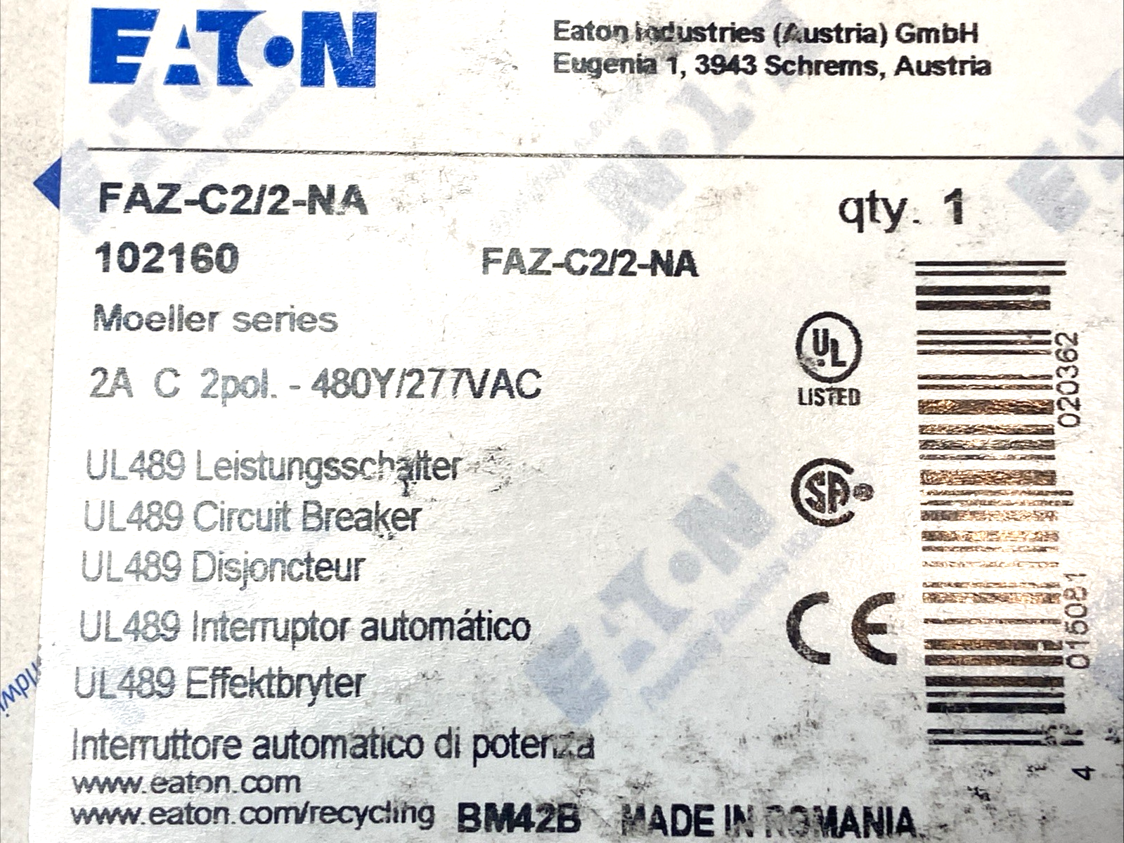 Eaton FAZ-C2/2-NA Miniature Circuit Breaker 2-Pole C-Curve 2A 102160 - Maverick Industrial Sales