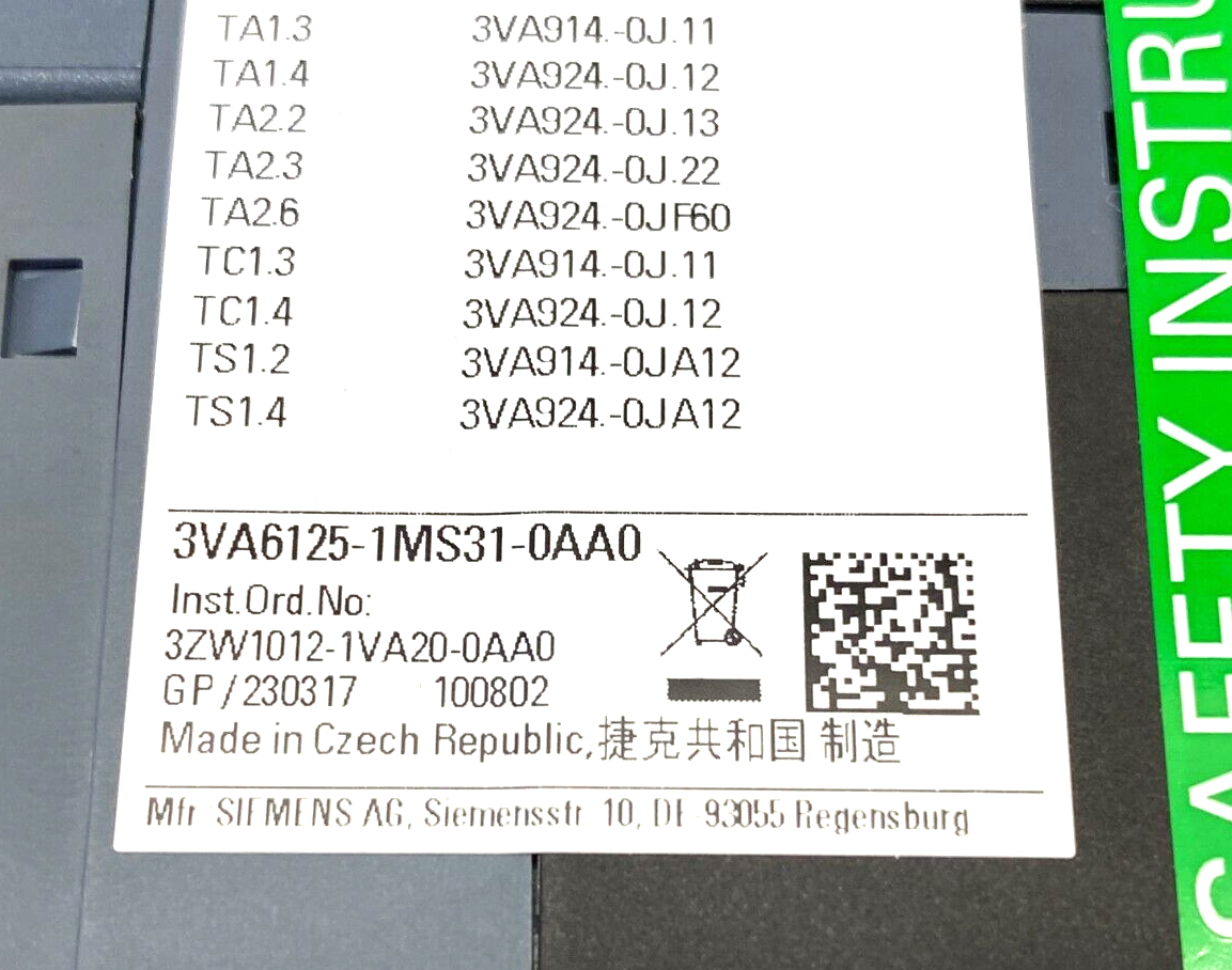 Siemens 3VA6125-1MS31-0AA0 Molded Case Circuit Breaker 3-Pole 3ZW1012-1VA20-0AA0 - Maverick Industrial Sales