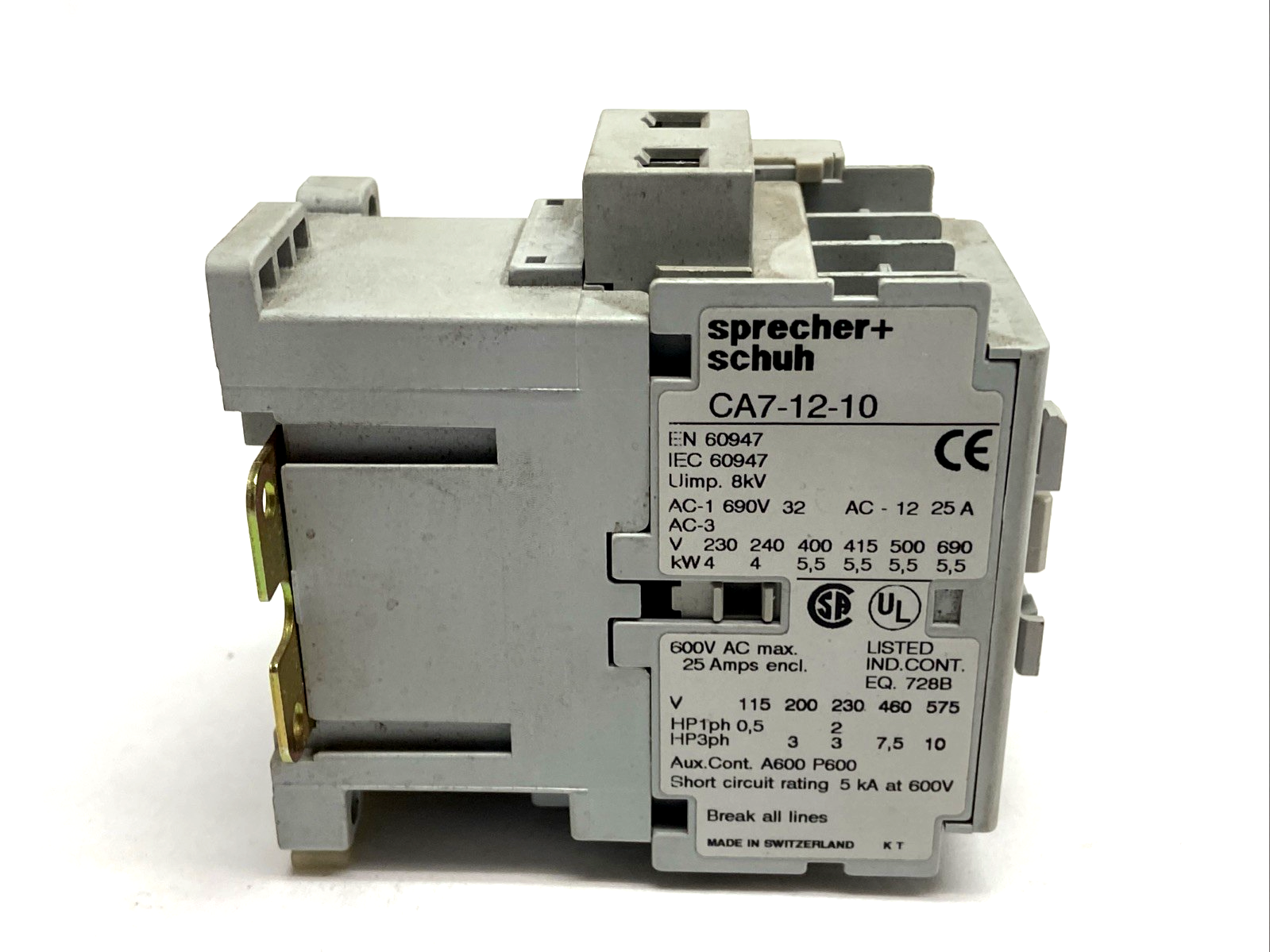 Sprecher+Schuh CA7-12-10 Contactor 550V 50Hz 600V 60Hz w/ CA7-PA Aux Contact - Maverick Industrial Sales