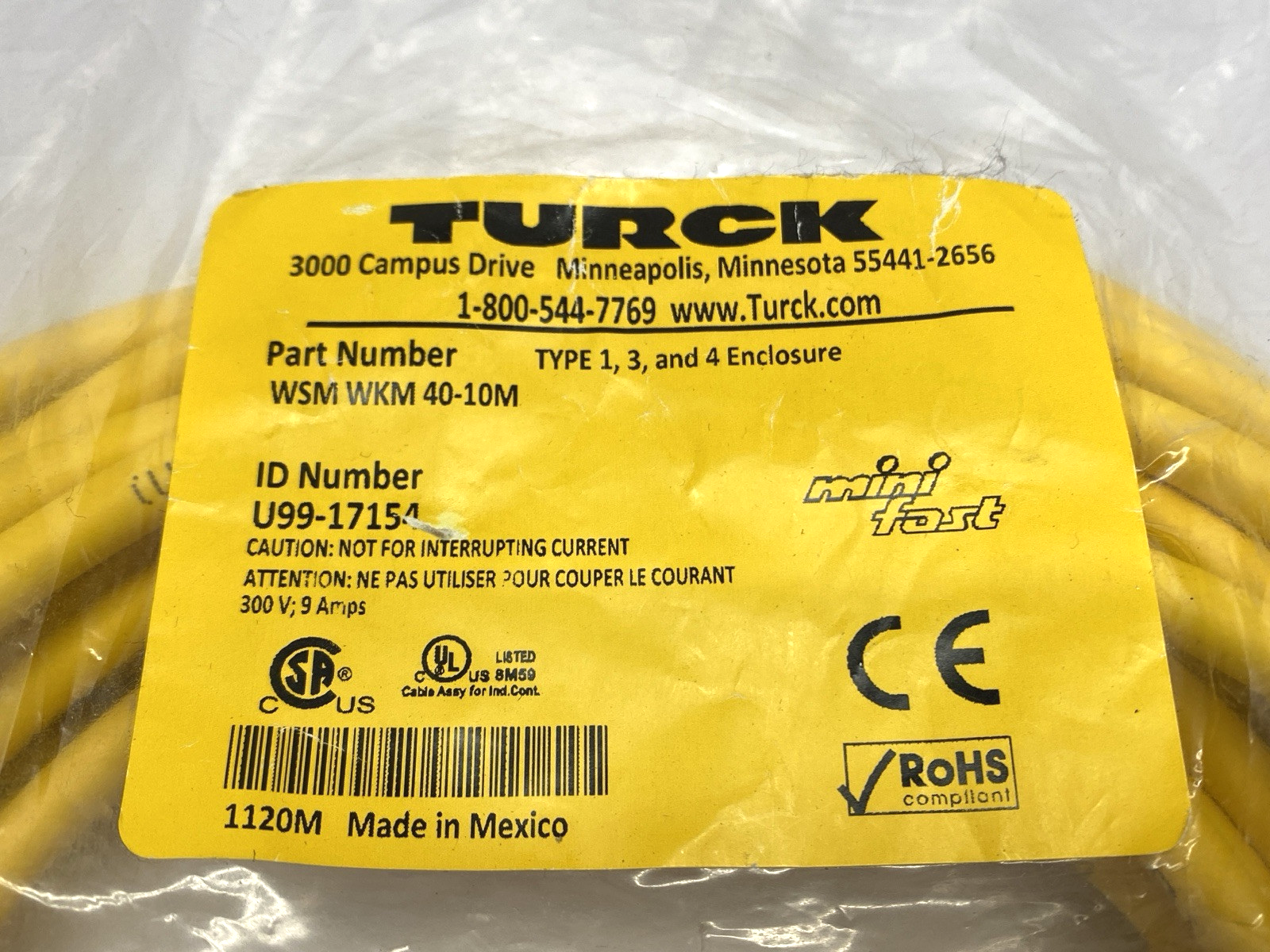 Turck WSM WKM 40-10M Double-Ended MiniFast Male to Female Cordset U99-17154 - Maverick Industrial Sales