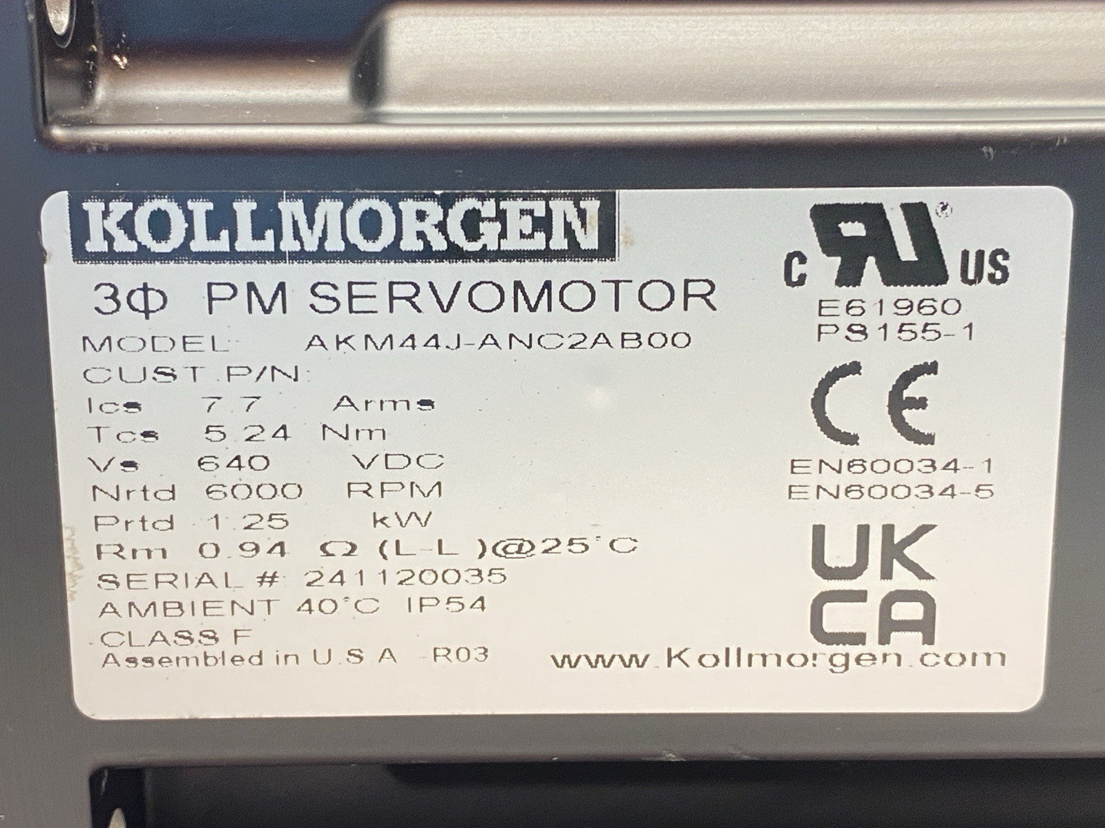 Kollmorgen AKM44J-ANC2AB00 Servo Motor 6000RPM 7.7A 640VDC 1.25kW - Maverick Industrial Sales