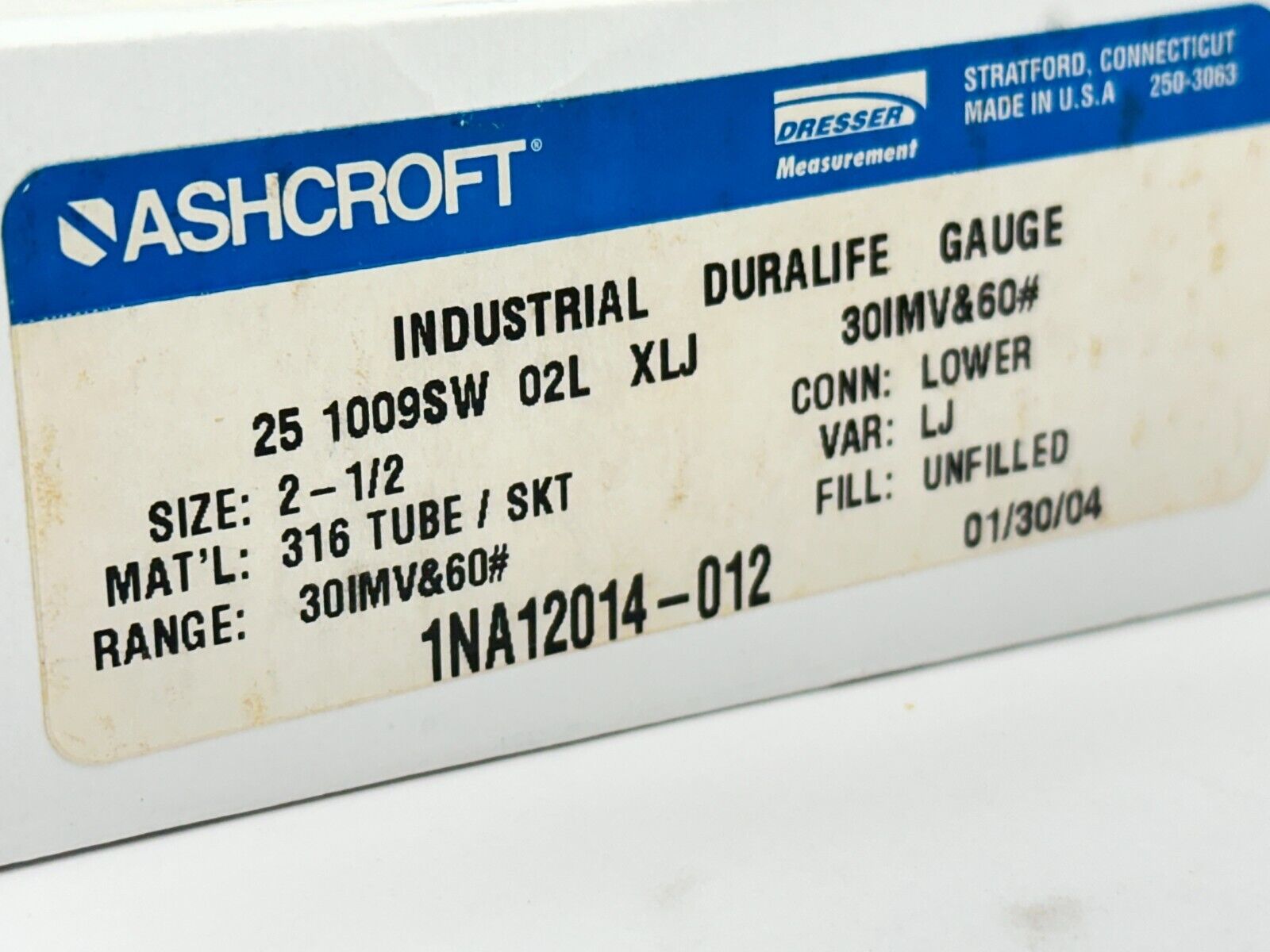 Ashcroft 1NA12014-012 Industrial Duralife Gauge 30IMV&60# 2-1/2" 25 1009SW 02L - Maverick Industrial Sales