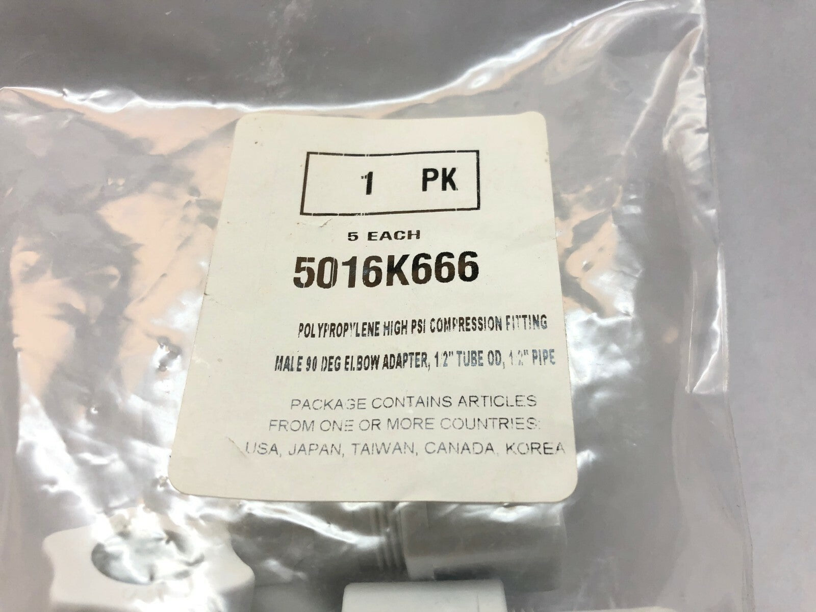 Jaco 5016K666 1/2 Tube 1/2" Pipe 90 Deg. Elbow Adapter Polypropylene LOT OF 5 - Maverick Industrial Sales