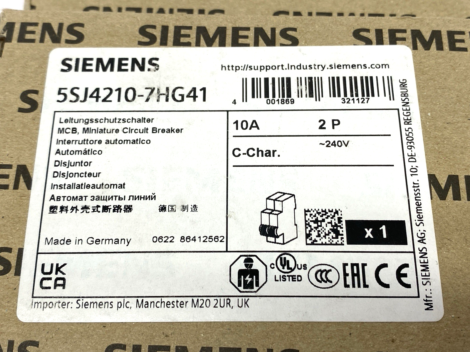 Siemens 5SJ4210-7HG41 Miniature Circuit Breaker 2-Pole C-Trip 240V 14kA 10A - Maverick Industrial Sales