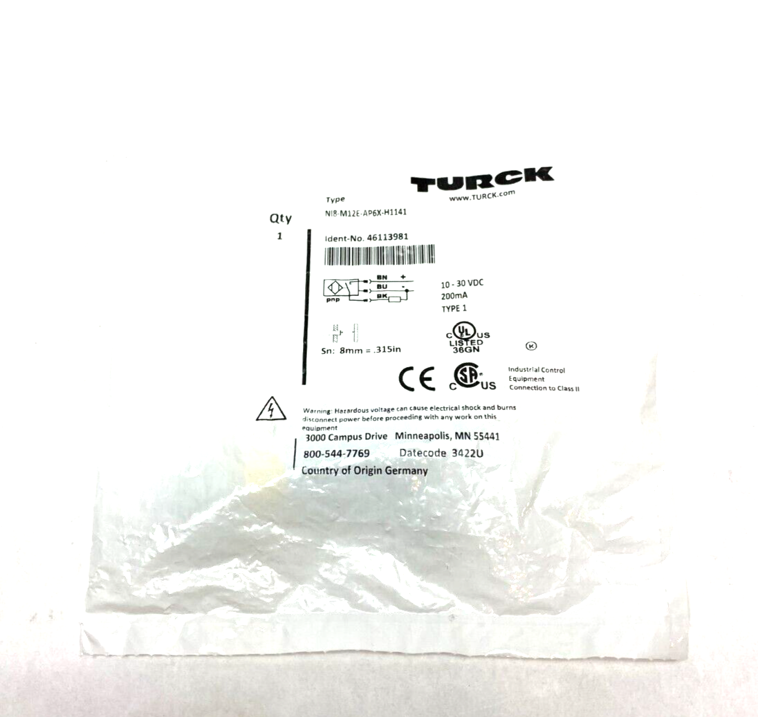 46113981, NI8-M12E-AP6X-H1141 | Turck NI8-M12E-AP6X-H1141 Inductive Proximity Sensor 3-Wire 10-30VDC 46113981 - New - Maverick Industrial Sales