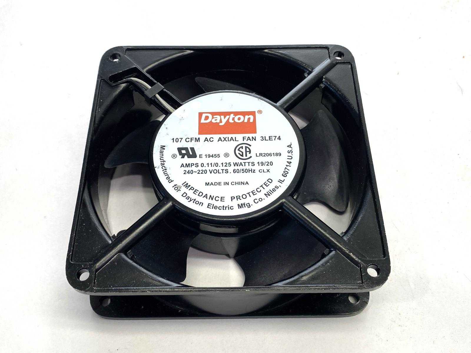 Dayton 107 CFM AC Axial Fan 230VAC 0.11/0.125A 19/20W 3LE74 SHELFWARE - Maverick Industrial Sales