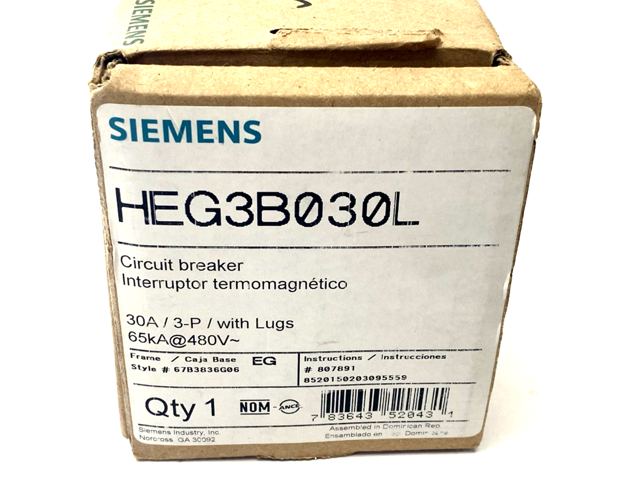 Siemens HEG3B030L Circuit Breaker 30A 3-Pole 65kA At 480V - Maverick Industrial Sales