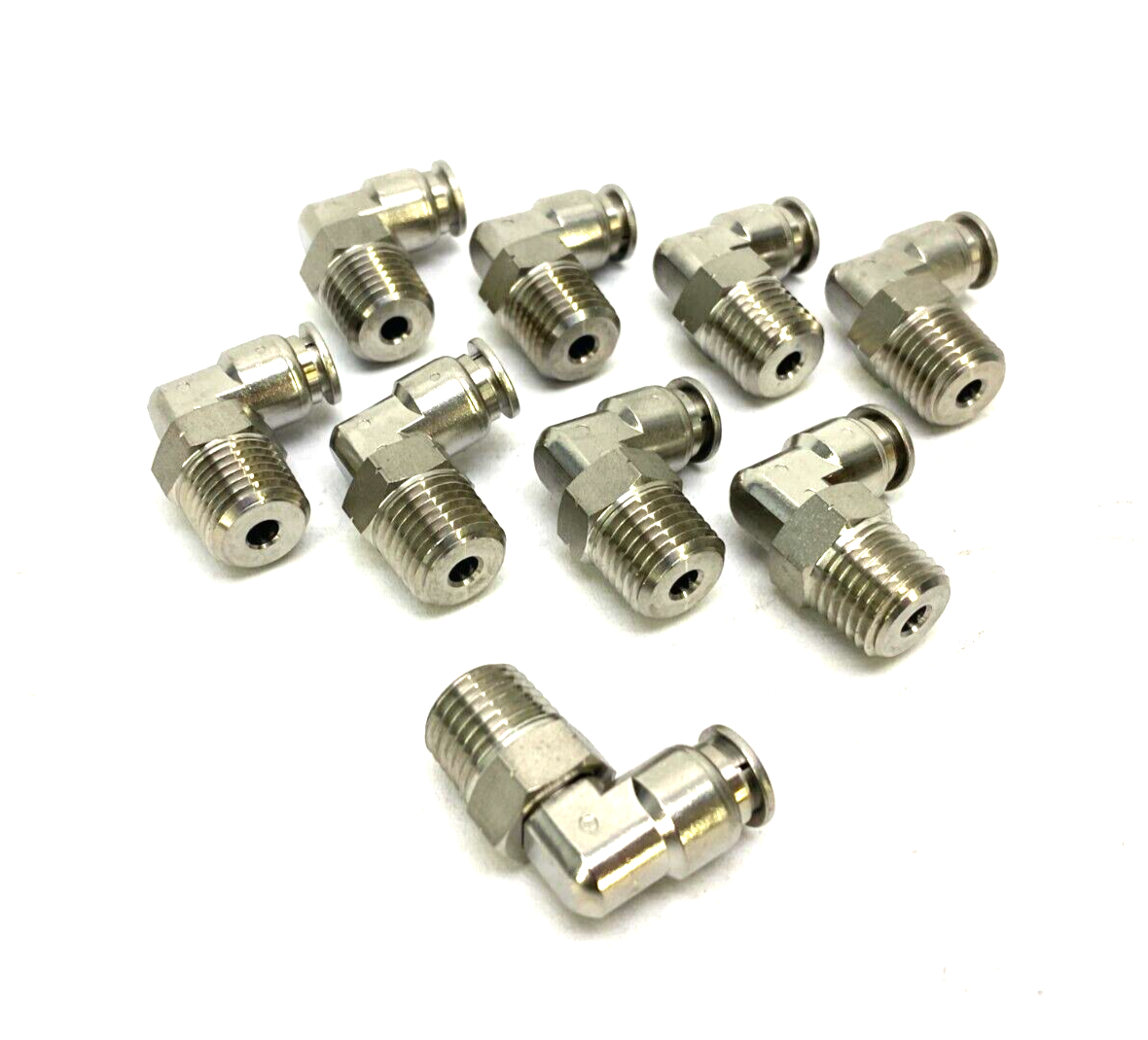 Stainless Steel Swivel Snap-Connect Elbow Fitting 1/4" OD to 1/4" NPT LOT OF 9 - Maverick Industrial Sales