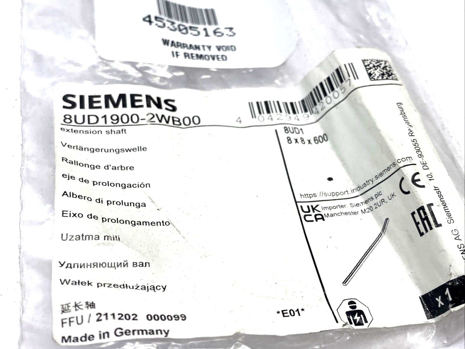 Siemens 8UD1900-2WB00 Extension Shaft 600mm Long 8mm x 8mm For Rotary Mechanism - Maverick Industrial Sales