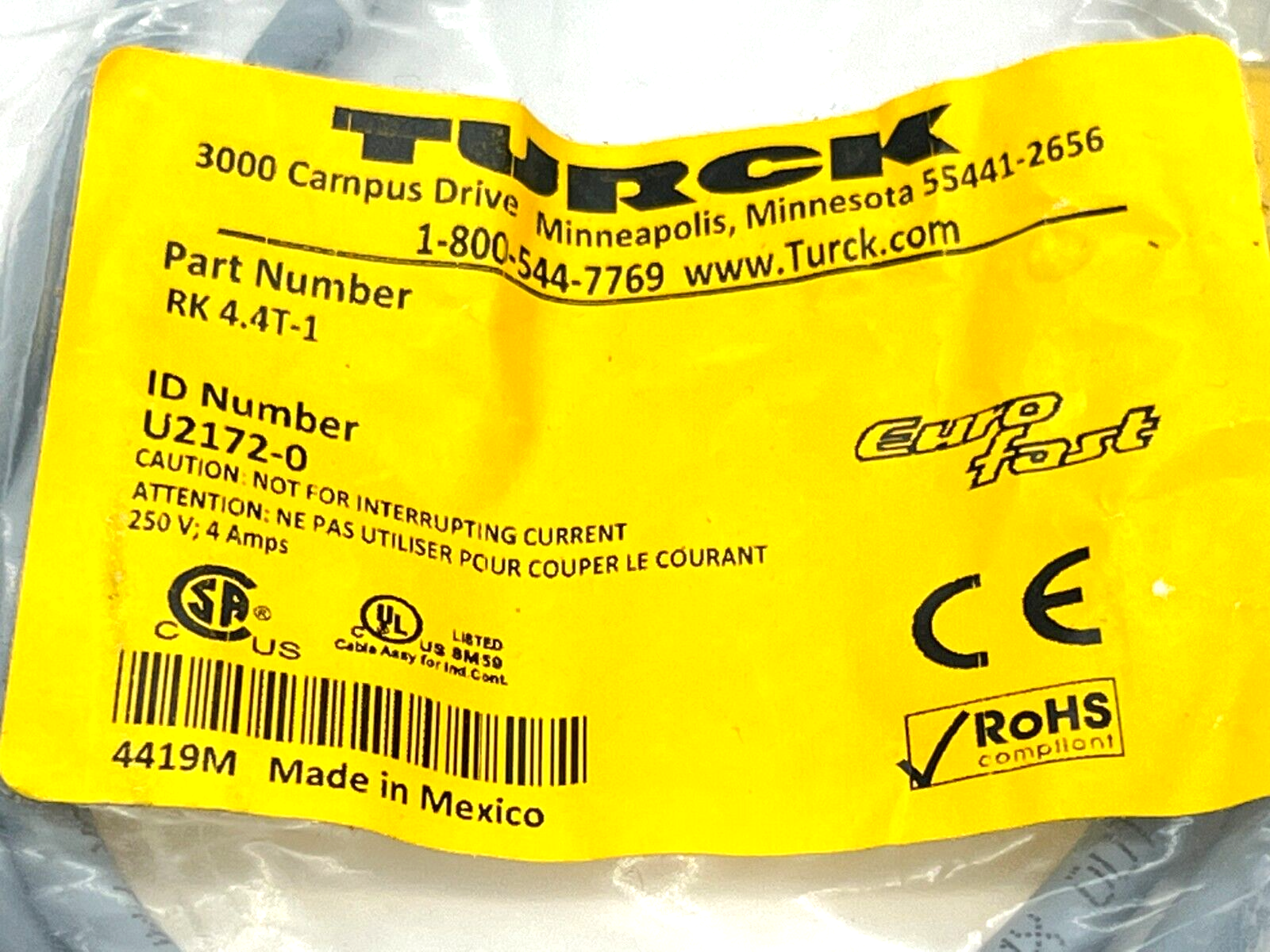 Turck RSC 8T-2 Eurofast Cordset M12 Male 2M Length U2143-66 - Maverick Industrial Sales