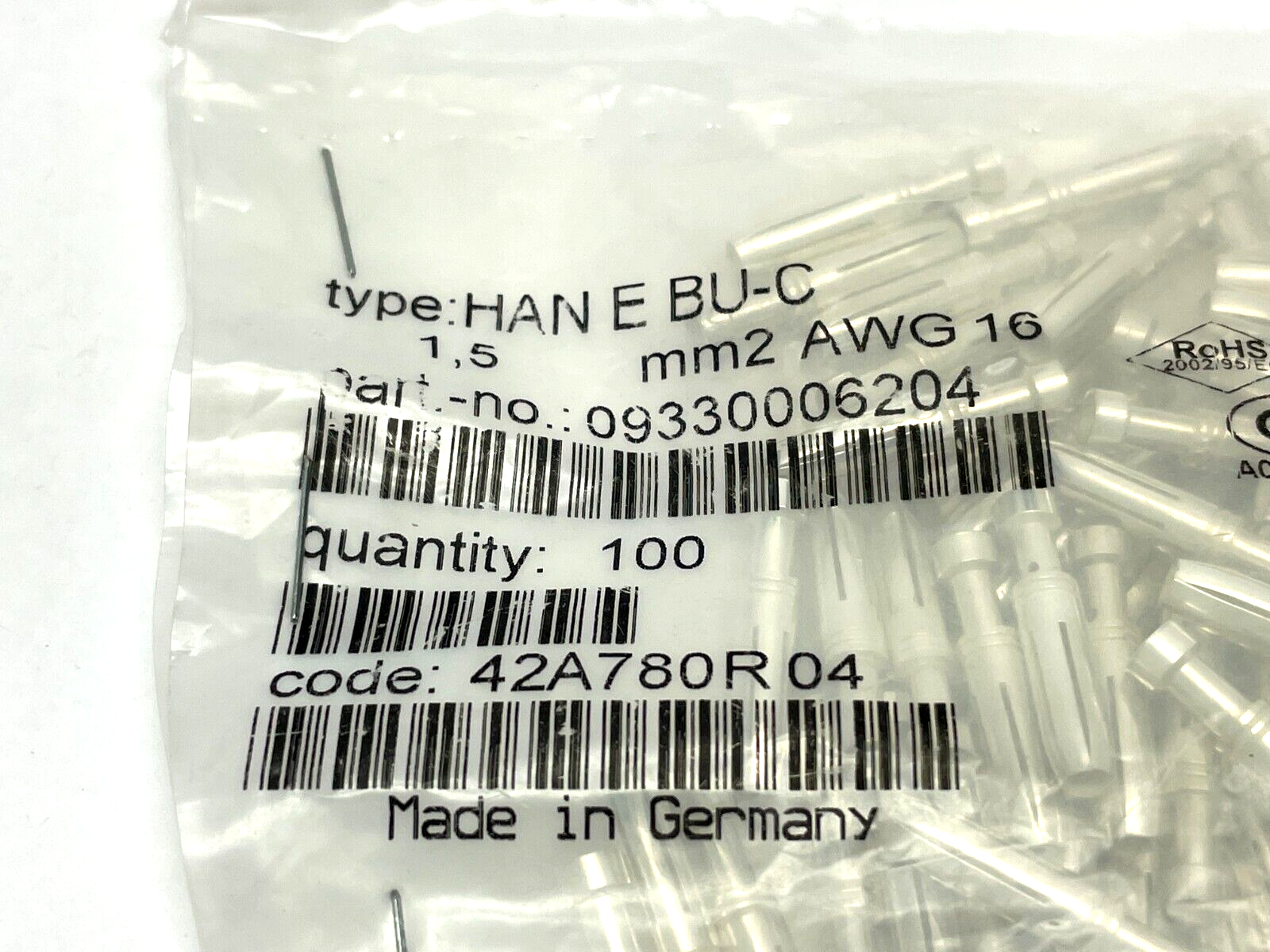 Harting Han E BU-C Crimp Contact Ag 1.5 mm²/ 16 AWG 09 33 000 6204 LOT OF 64 - Maverick Industrial Sales