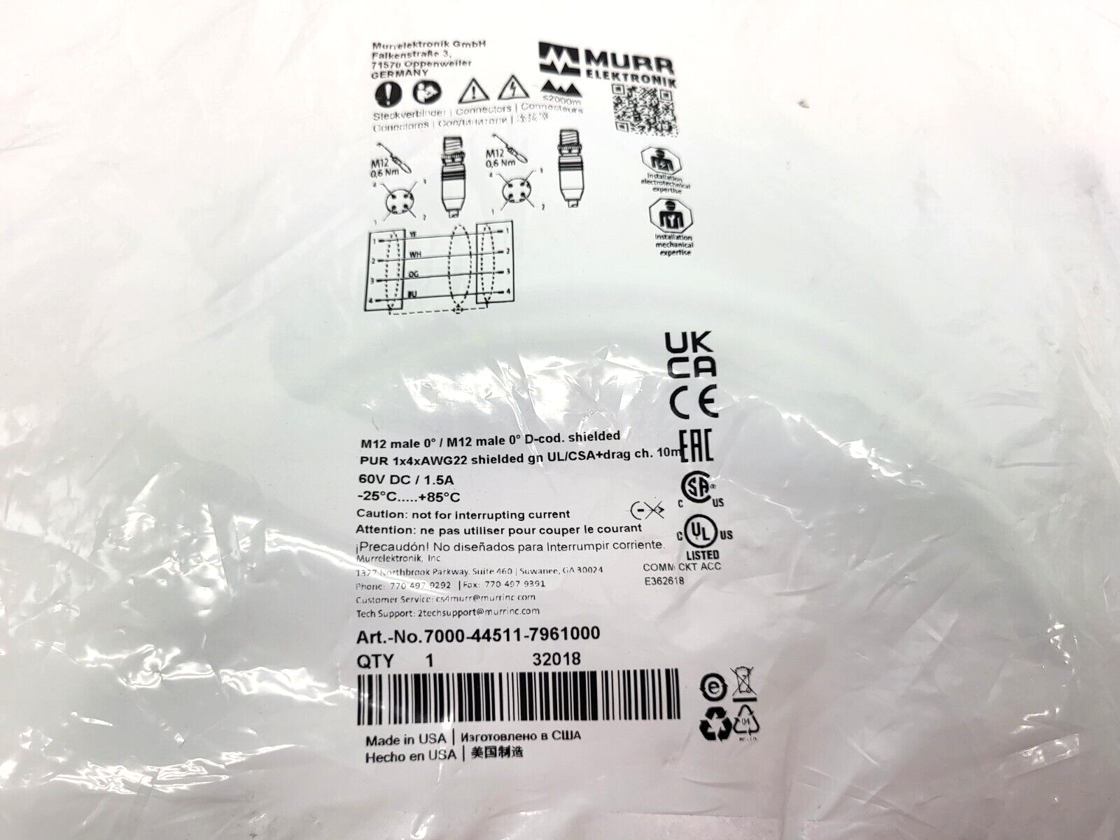 Murr Elektronik 7000-44511-7961000 Power Cordset M12 Male to Female Straight 10m - Maverick Industrial Sales