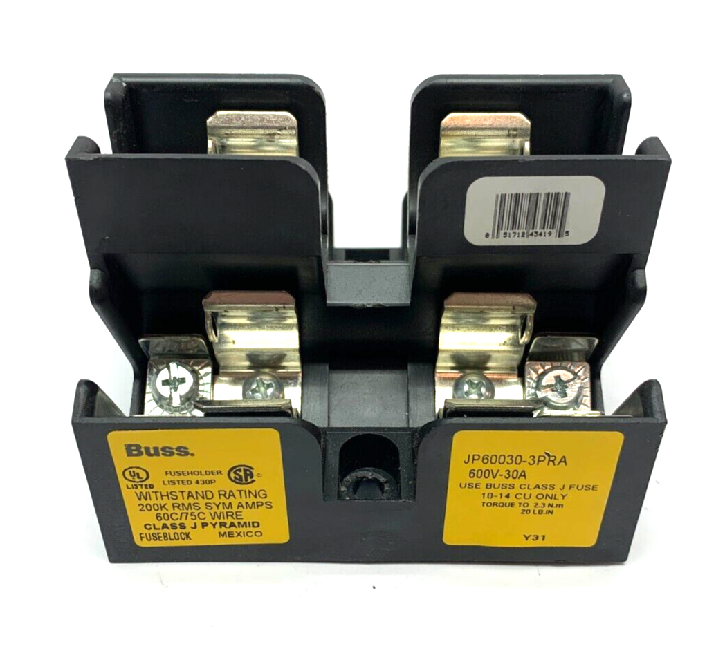 Bussman JP60030-3PRA Class J Pyramid Fuse Holder Block 200K RMS AMPS - Maverick Industrial Sales