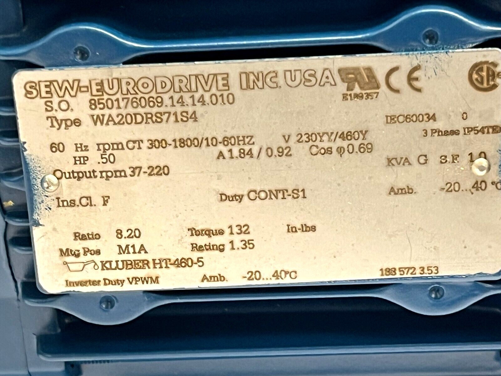 Dorner 22M008WS423EN 2200 Series Gearmotor w/ 22MSWS12B Side Mnt SEW WA20DRS71S4 - Maverick Industrial Sales