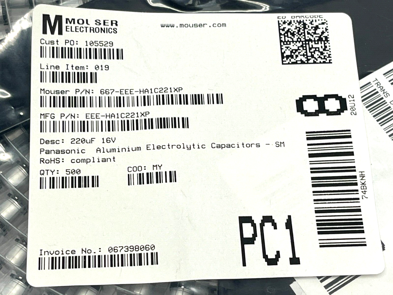 Panasonic EEE-HA1C221XP Aluminum Electrolytic Capacitors SMD 220uF 16V 500QTY - Maverick Industrial Sales