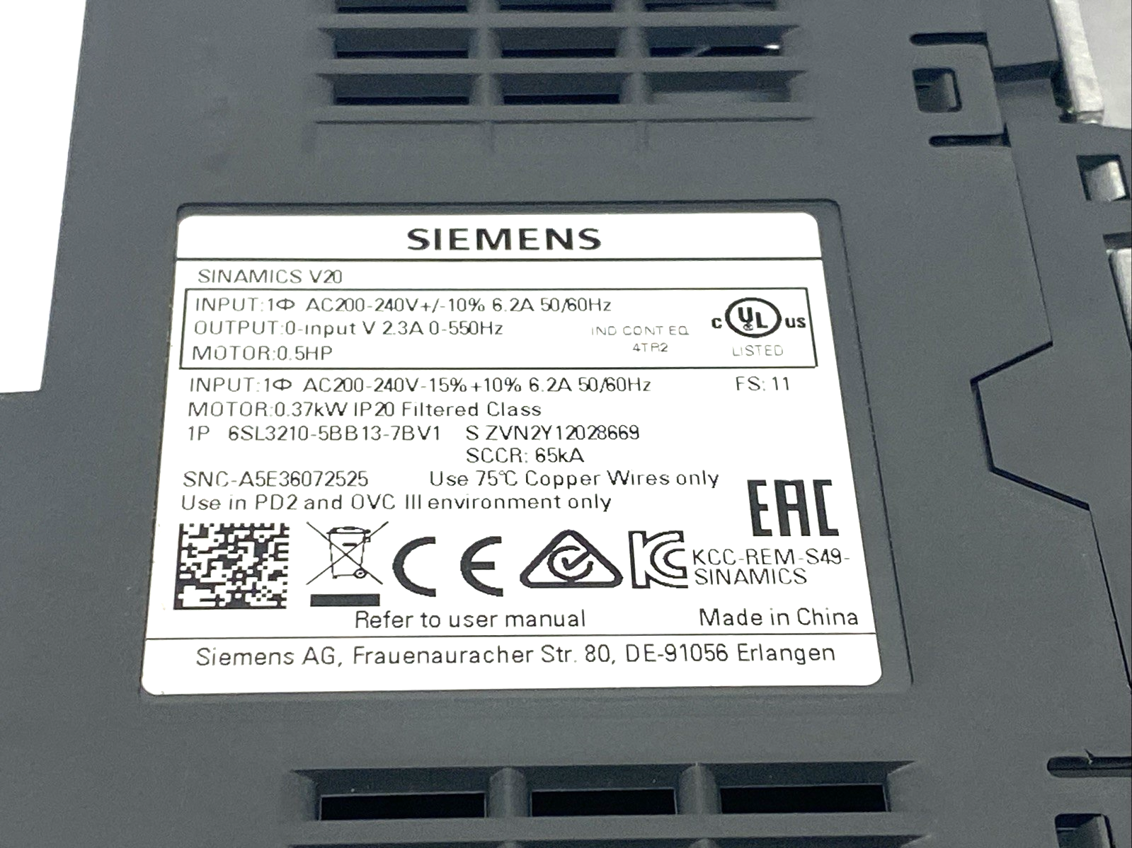 Siemens 6SL3210-5BB13-7BV1 SINAMICS V20 200-240V 1AC 0.37 kW - Maverick Industrial Sales