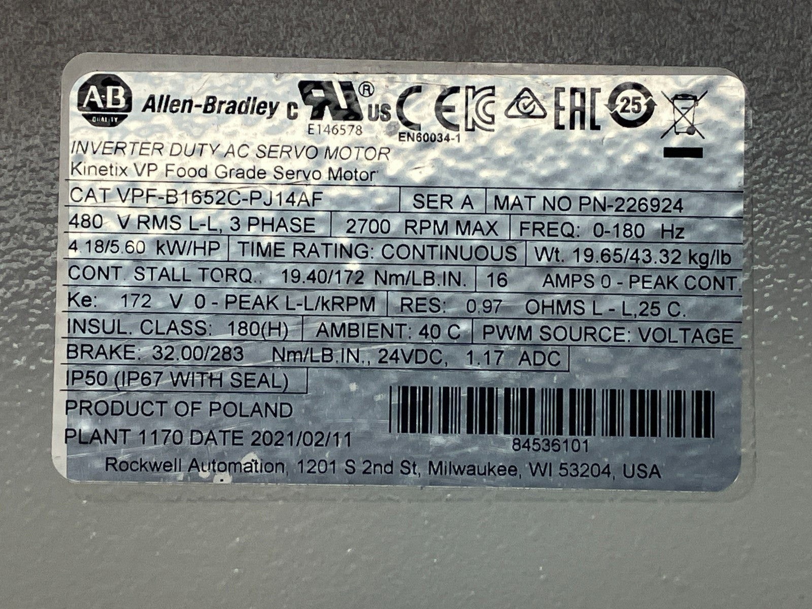 Allen Bradley VPF-B1652C-PJ14AF VP Food Grade Servo Motor - Maverick Industrial Sales