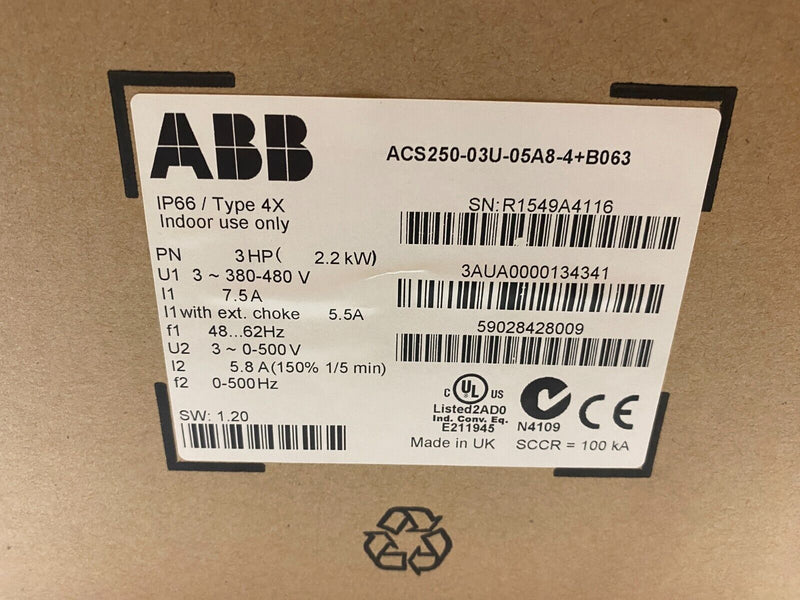 ABB ACS250-03U-05A8-4+B063 Variable Frequency Micro Drive Type 4X IP66 - Maverick Industrial Sales