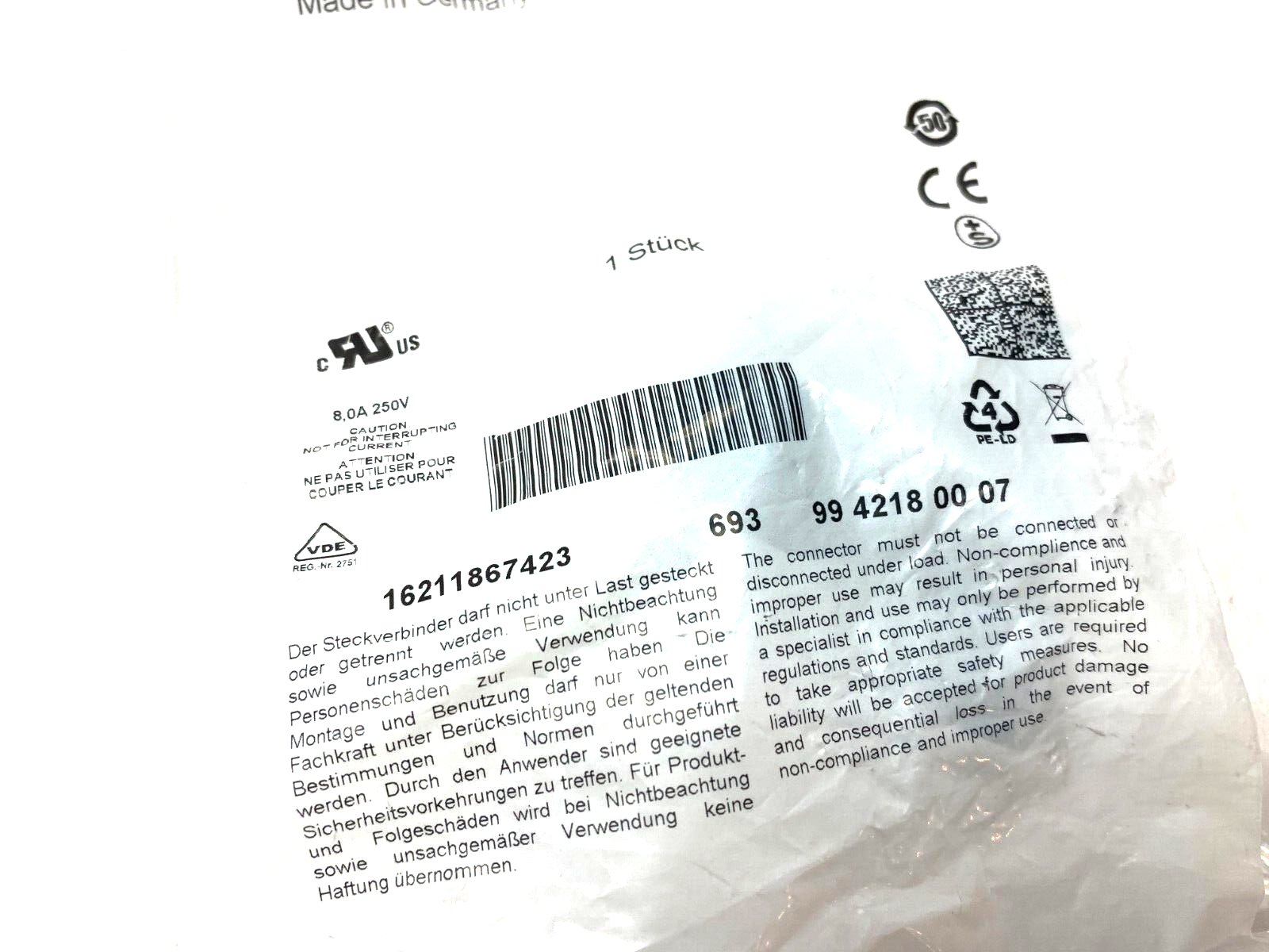 Binder 9942180007 RD24 Female Cable Connector Contacts: 6+PE, 6.0-8.0mm IP67 - Maverick Industrial Sales