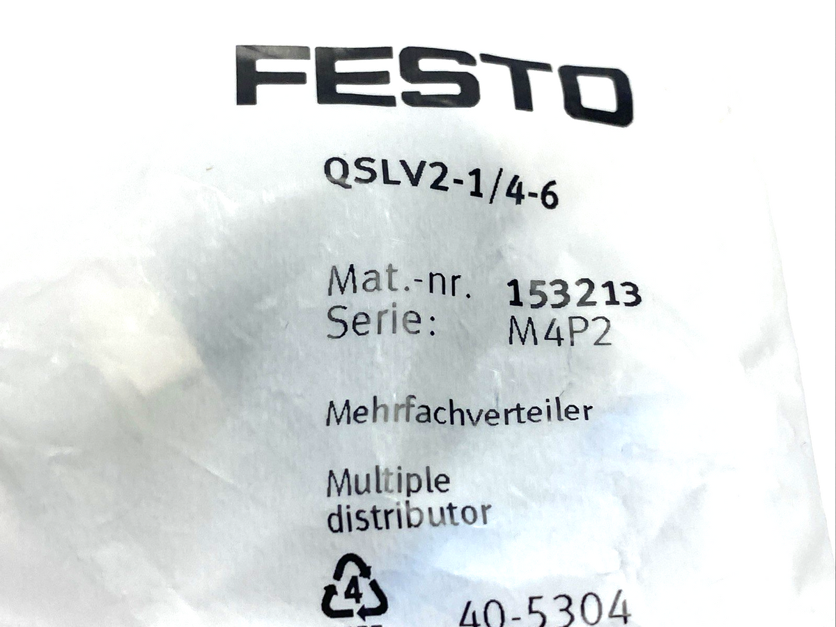 Festo QSLV2-1/4-6 Multiple Distributor Fitting R1/4 6mm Tube OD 153213 LOT OF 2 - Maverick Industrial Sales