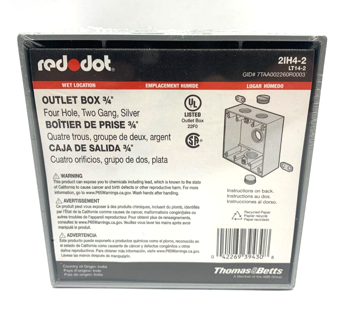 Red Dot Thomas And Betts 2IH4-2 Outlet Box 3/4" Four Hole Two Gang Silver LT14-2 - Maverick Industrial Sales