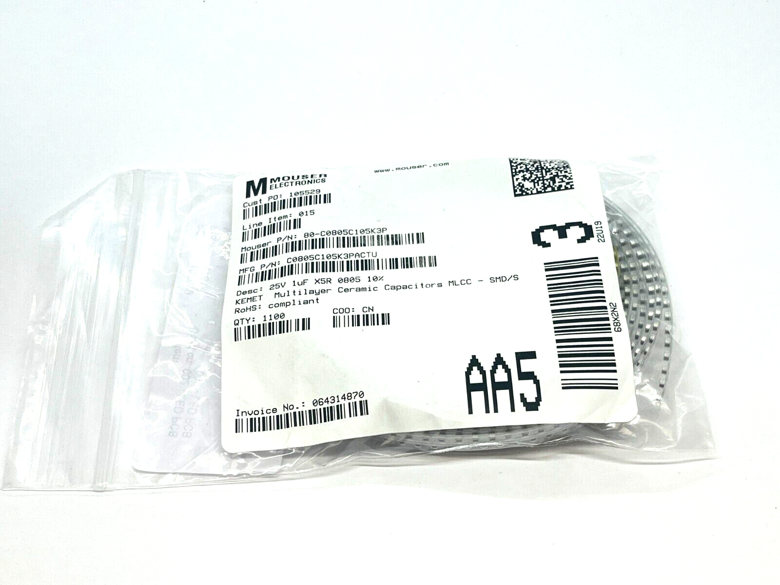 Kemet C0805C105K3PACTU Multilayer Ceramic Capacitors SMD/SMT 25V 1uF X5R 1100QTY - Maverick Industrial Sales