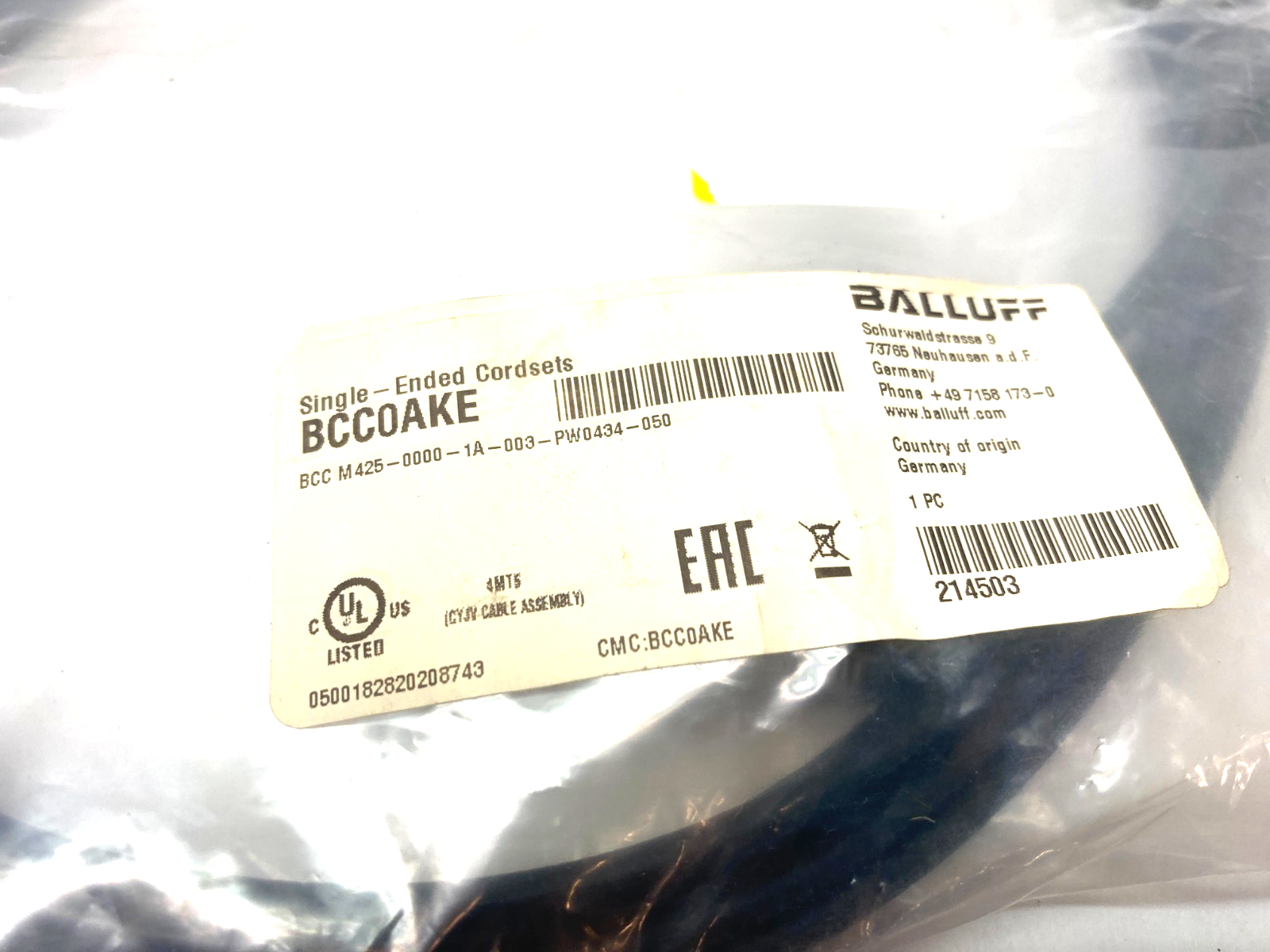 Balluff BCC0AKE Single Ended Welding Cable BCC M425-0000-1A-003-PW0434-050 - Maverick Industrial Sales