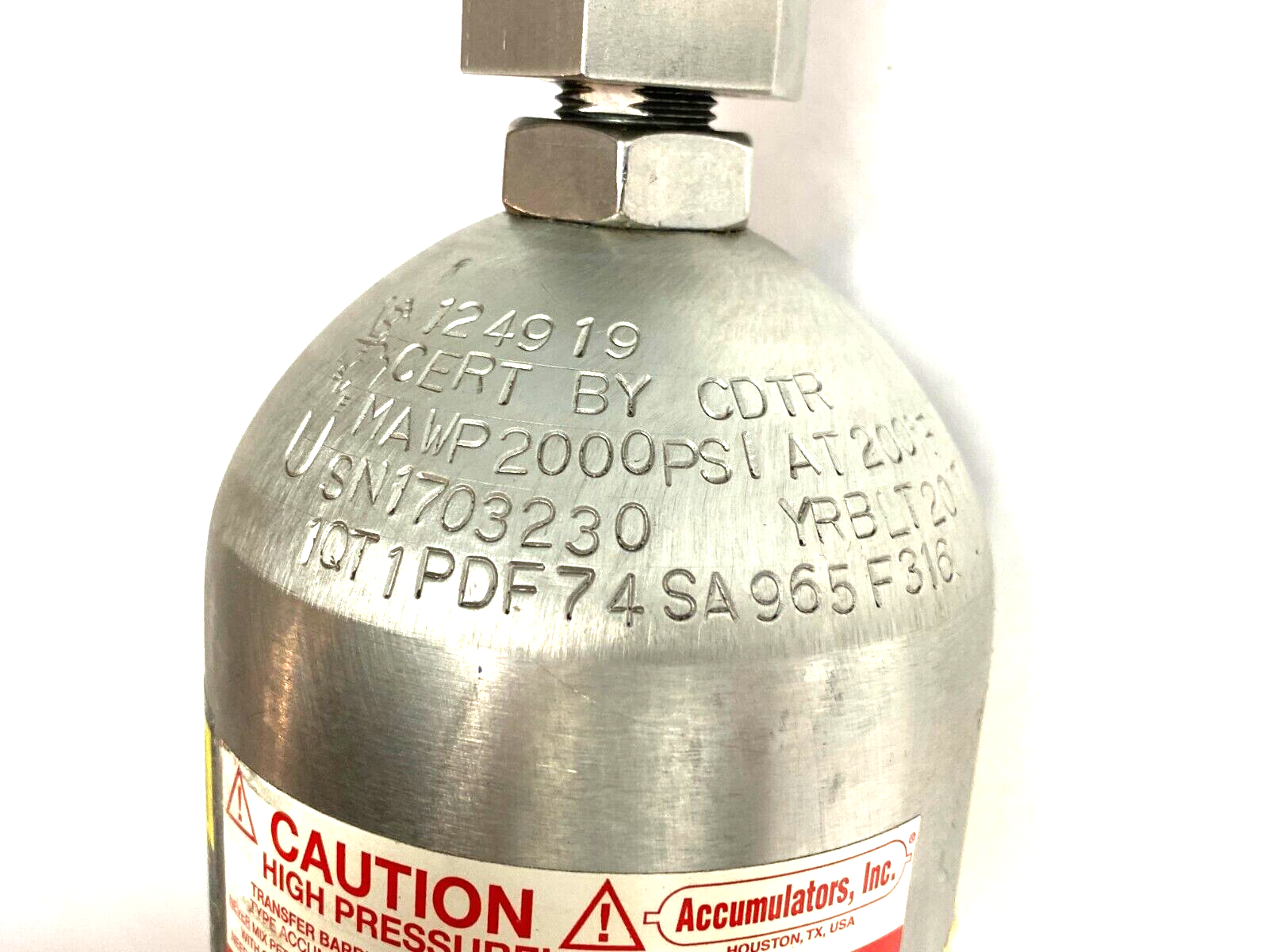 Accumulators Inc A1QTTBG2100AS High Pressure Accumulator 1 Qt 2,000psi 3/4" NPT - Maverick Industrial Sales