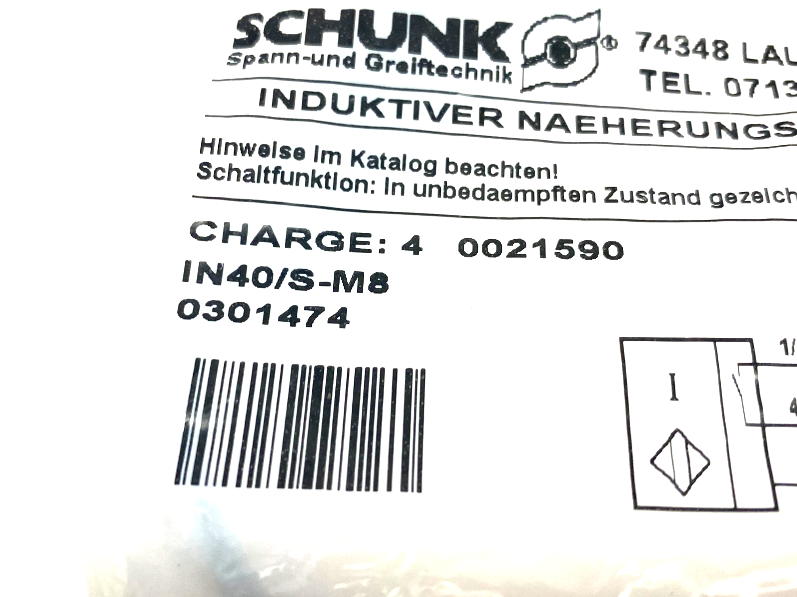 Schunk IN40/S-M8 Inductive Proximity Switch 0301474 - Maverick Industrial Sales